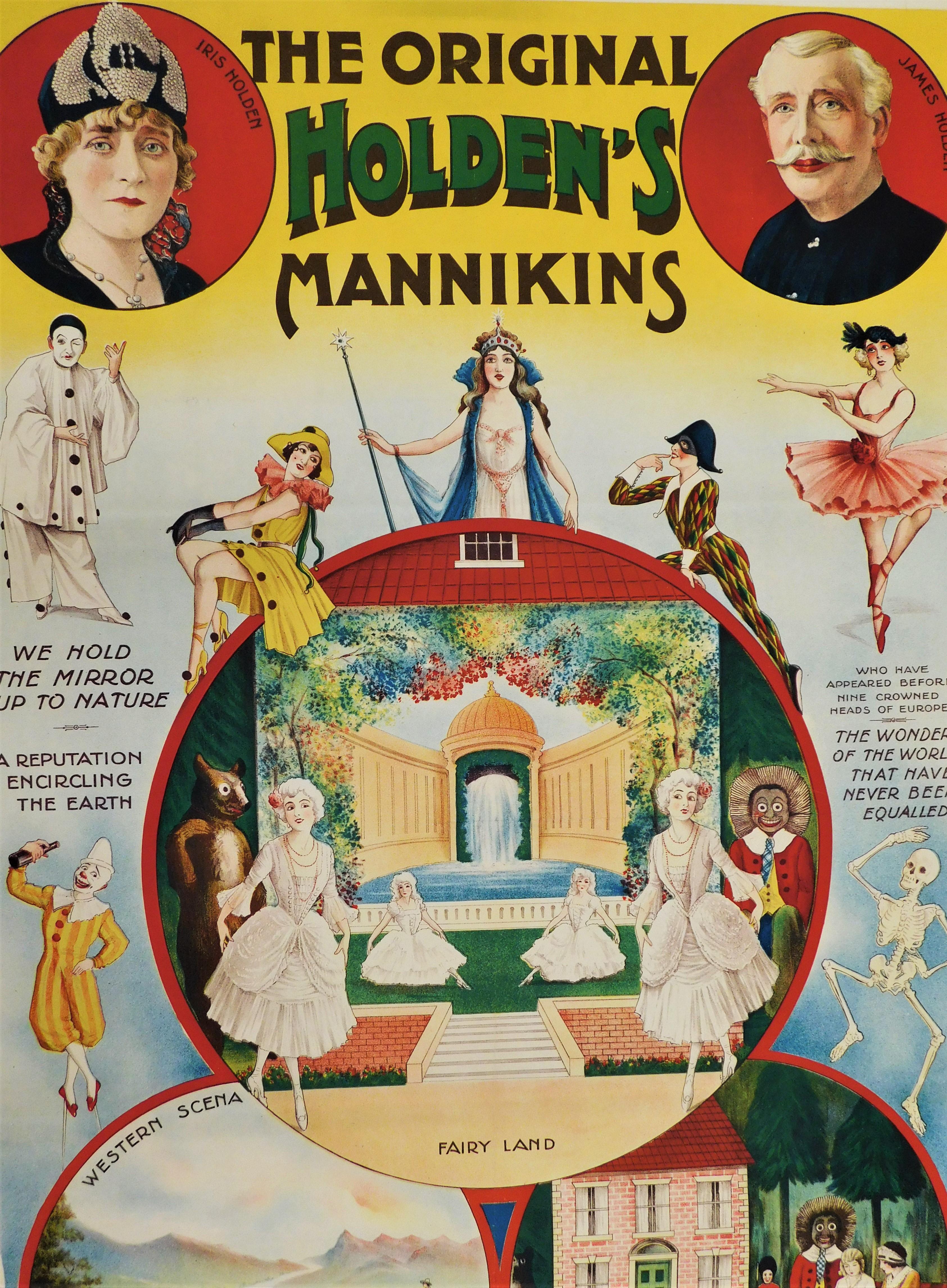 Affiche de scène théâtrale originale des années 1890 à dos de lin - Holden's Mannikins en vente 2