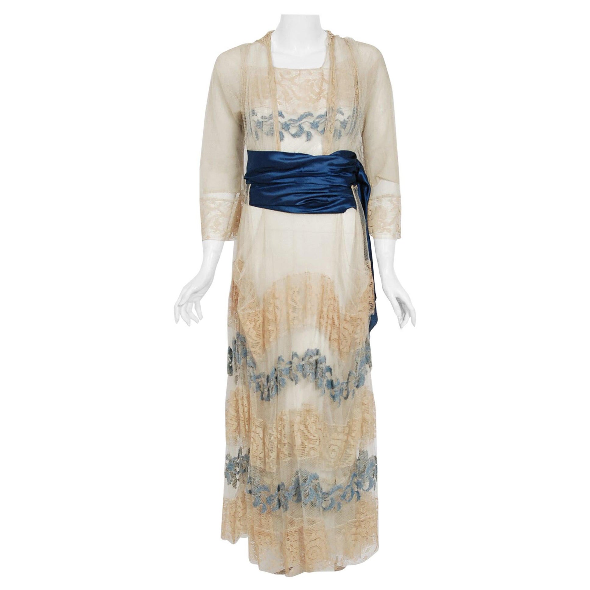 Rare 1910s Julius Garfinckel Couture Beige Embroidered Sheer Net-Lace Dress Gown For Sale