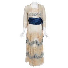 Rare 1910s Julius Garfinckel Couture Beige Embroidered Sheer Net-Lace Dress Gown