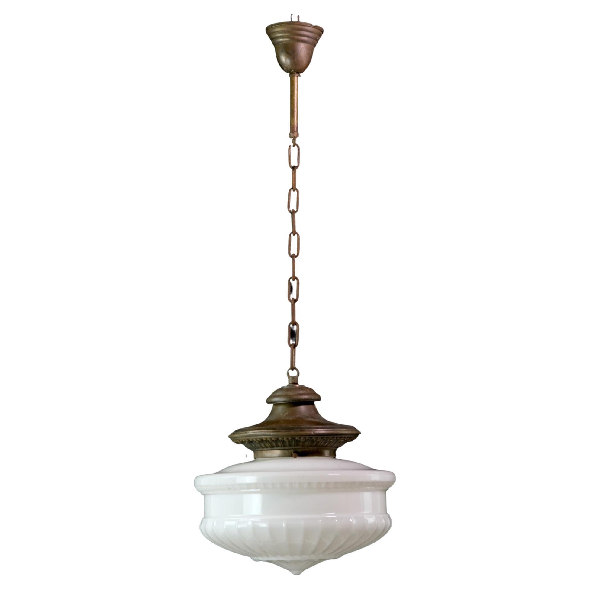 Rare 1910s Pendant Light w/ Fluted Milk Glass Globe Brass Hardware and Chain 