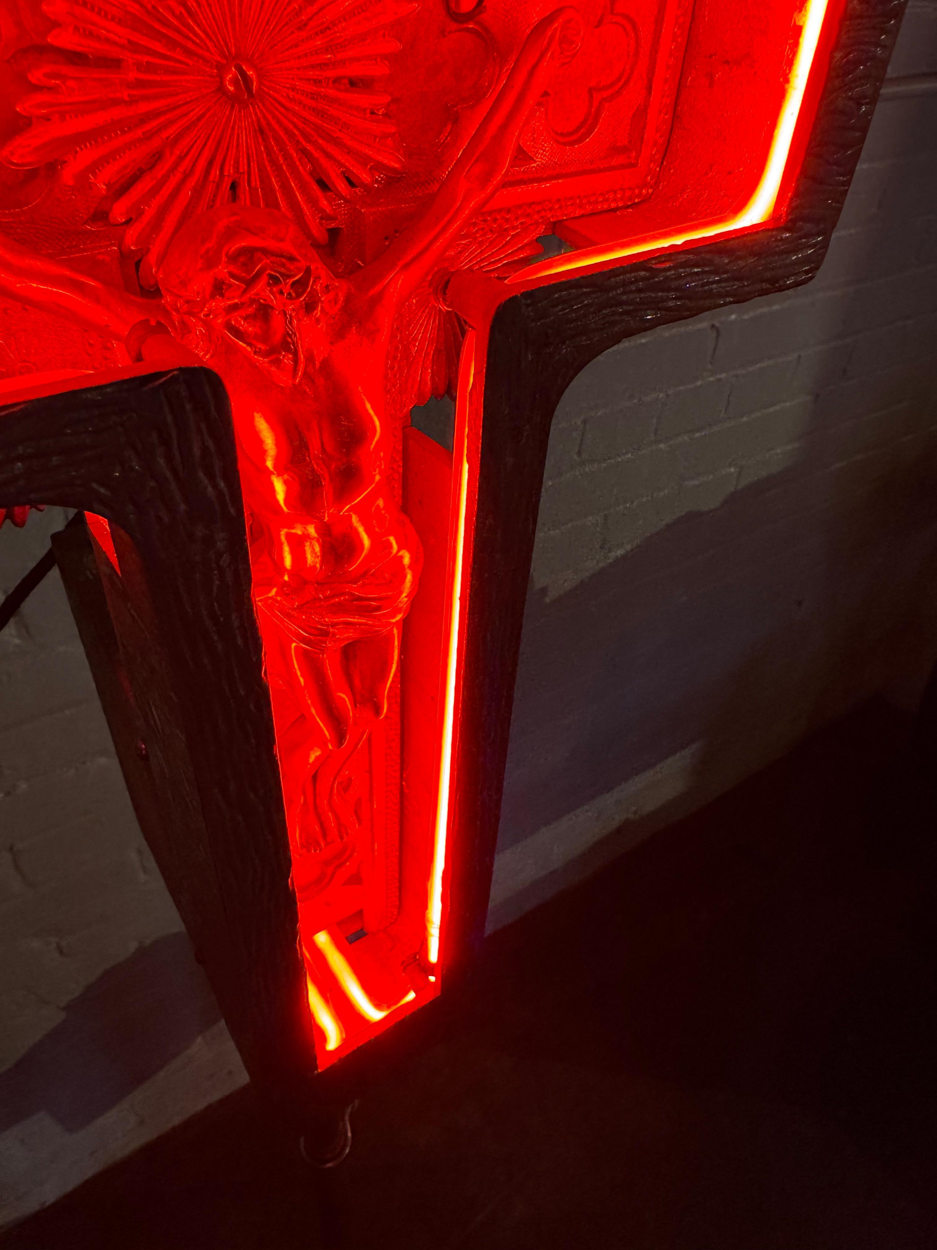 Rare 1920s , 30's Art Deco Cast Aluminum and Neon Crucifix.Original RED neon 4