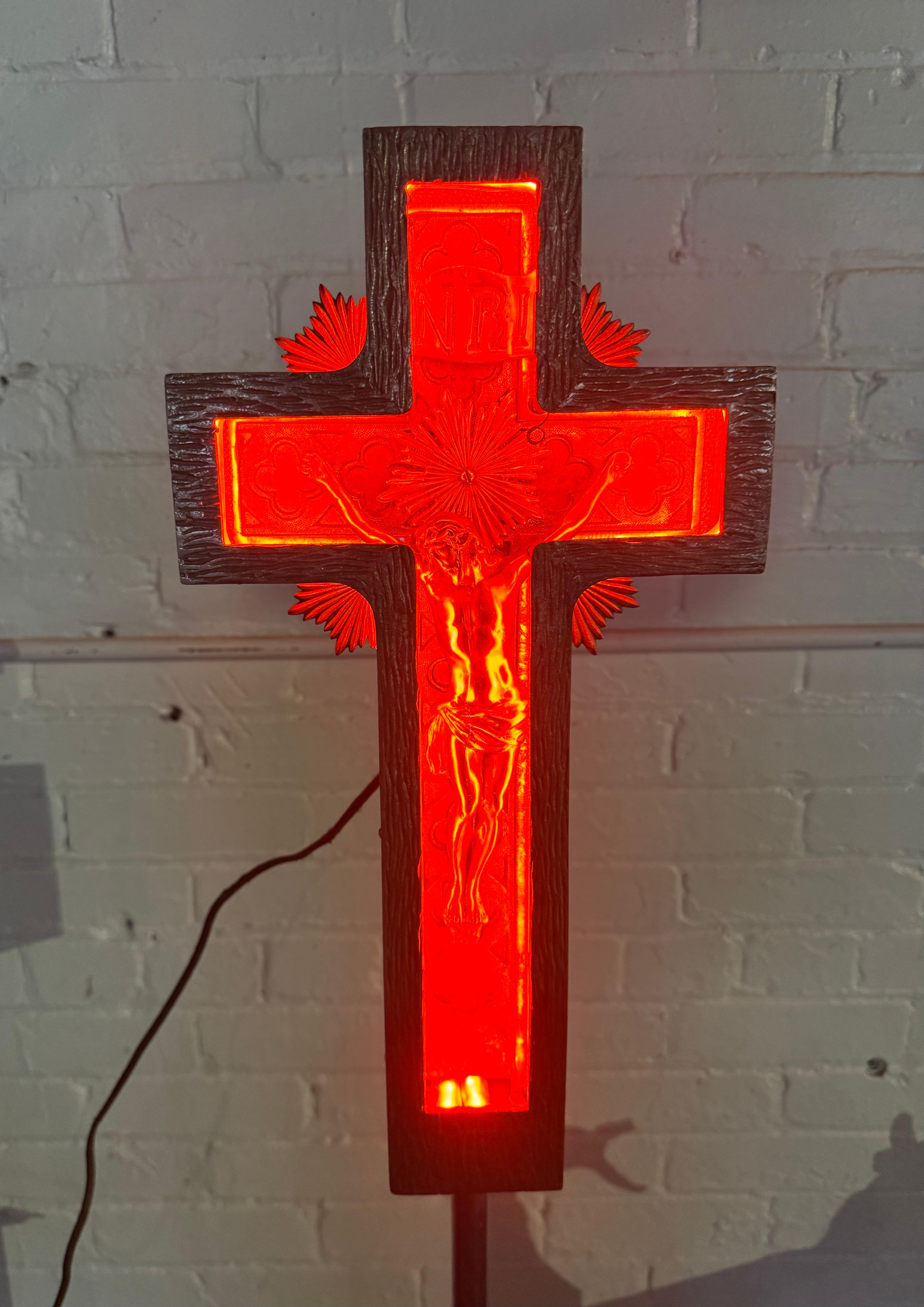 Rare 1920s , 30's Art Deco Cast Aluminum and Neon Crucifix.Original RED neon 5