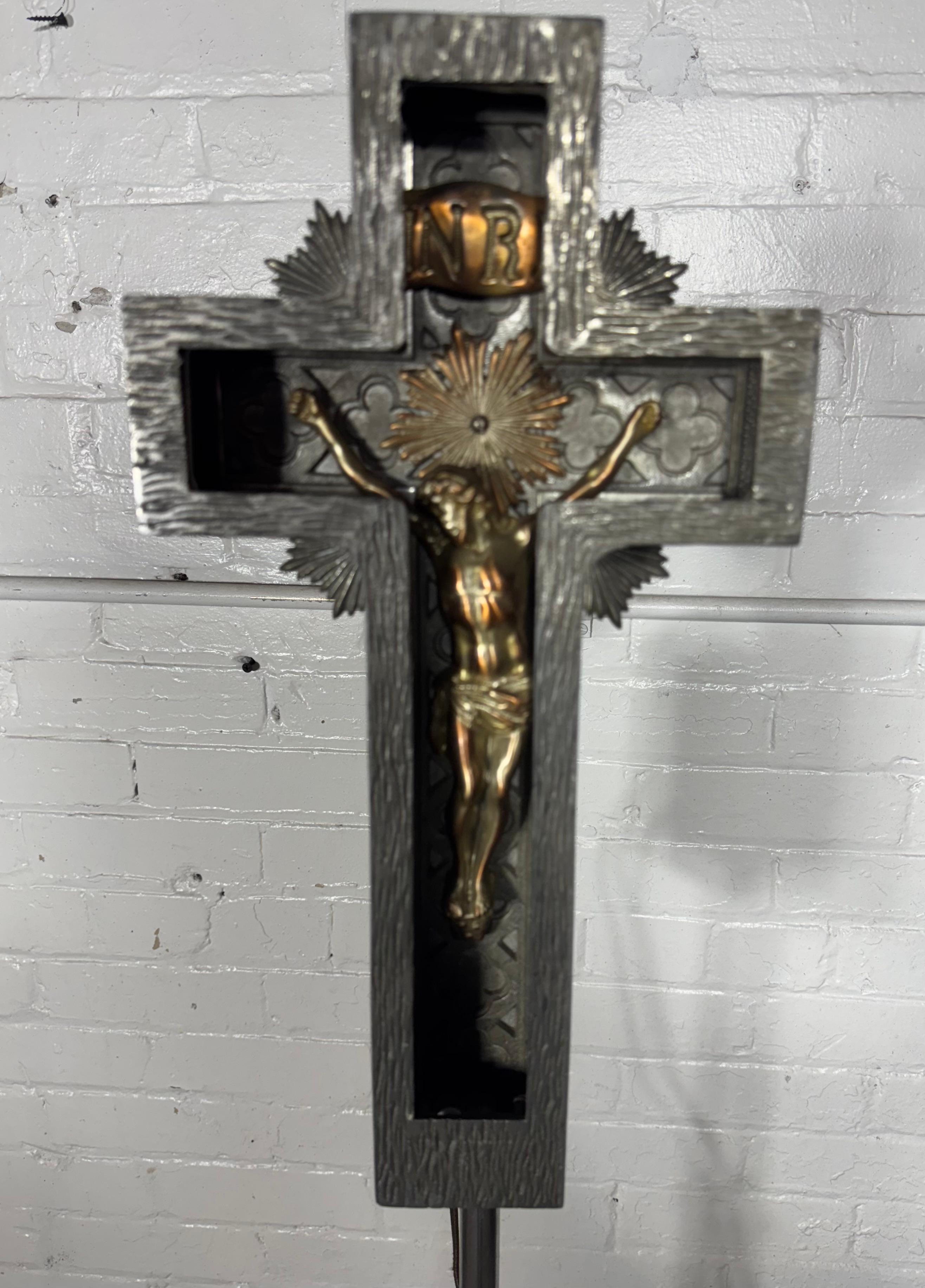 1920s  /  1930s Art Deco Cast Aluminum and Neon Crucifix.Beautiful original red neon cross,, Christ figure retains its original patina,,Also retains original case and stand.. 