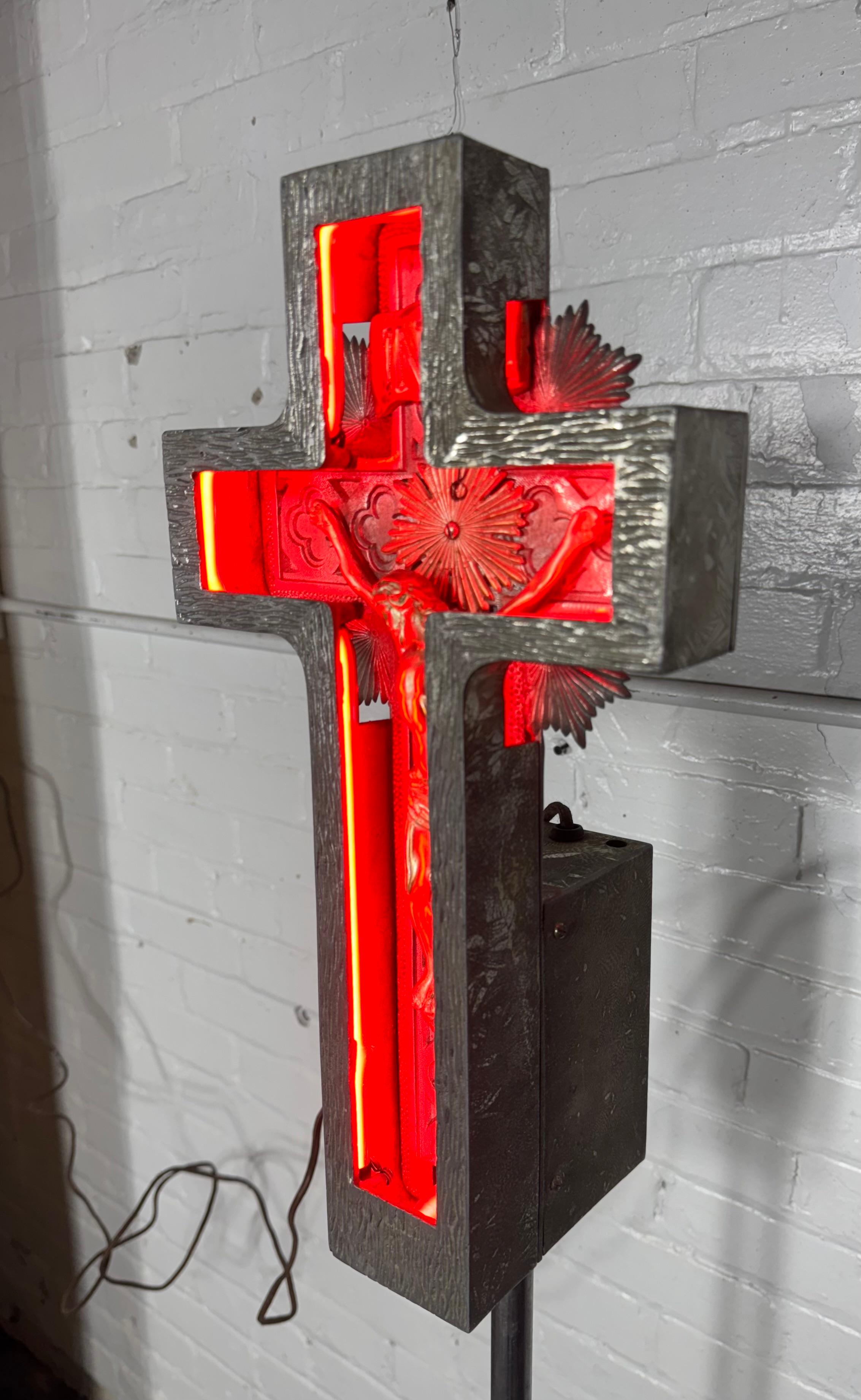 American Rare 1920s , 30's Art Deco Cast Aluminum and Neon Crucifix.Original RED neon