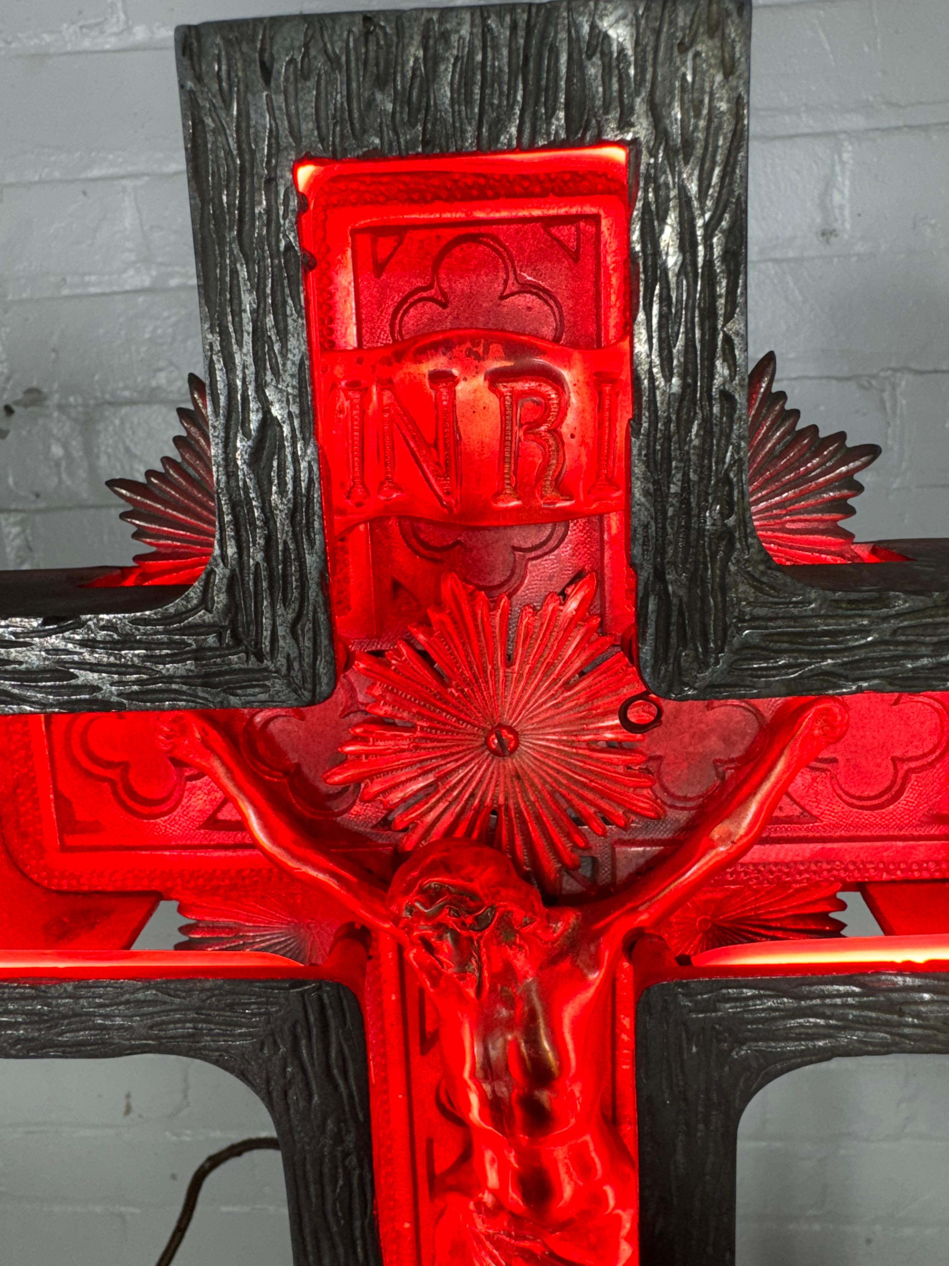 Rare 1920s , 30's Art Deco Cast Aluminum and Neon Crucifix.Original RED neon 2