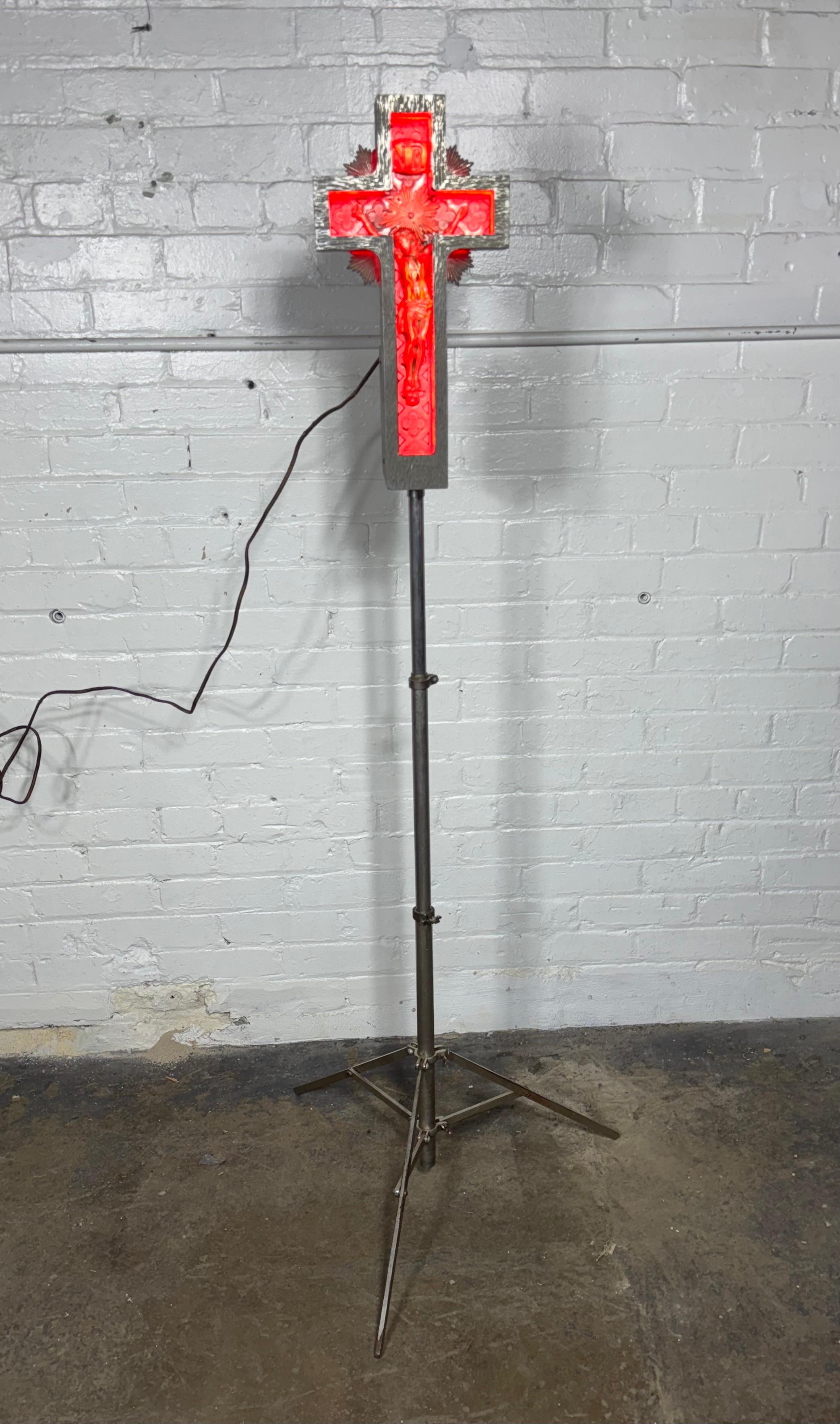 Rare 1920s , 30's Art Deco Cast Aluminum and Neon Crucifix.Original RED neon 3
