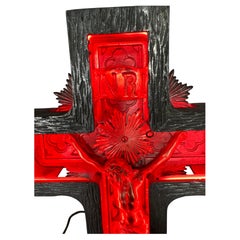 Rare 1920s , 30's Art Deco Cast Aluminum and Neon Crucifix.Original RED neon