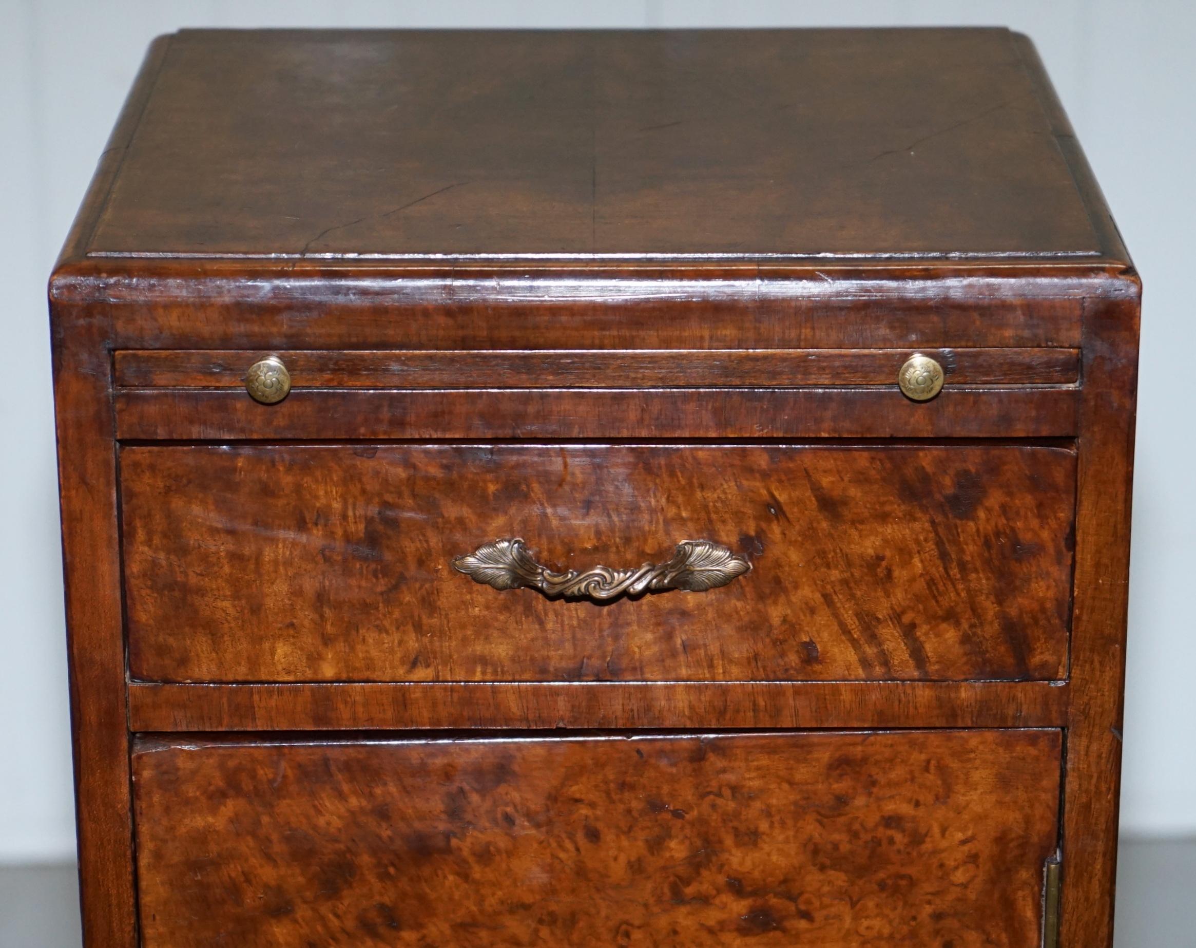 English Rare 1920s Art Deco Burr Walnut Side Table with Butlers Serving Tray and Drawer