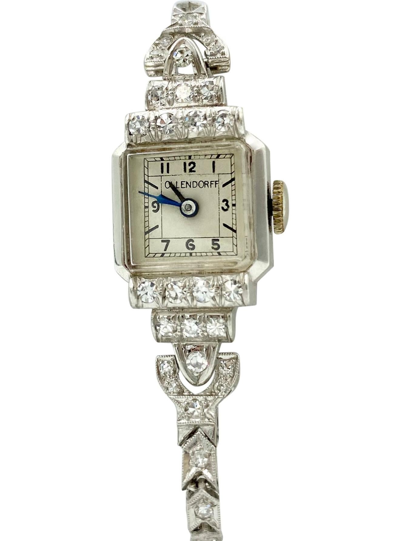 This is a WOW, WOW... WOW!!!

Absolutely stunning Art Deco platinum and diamond Swiss-made, spring-wound wristwatch by Ollendorff circa the late 1920s! It's not just a timepiece, it's a gorgeous, luxurious and hand-crafted piece of historical fine