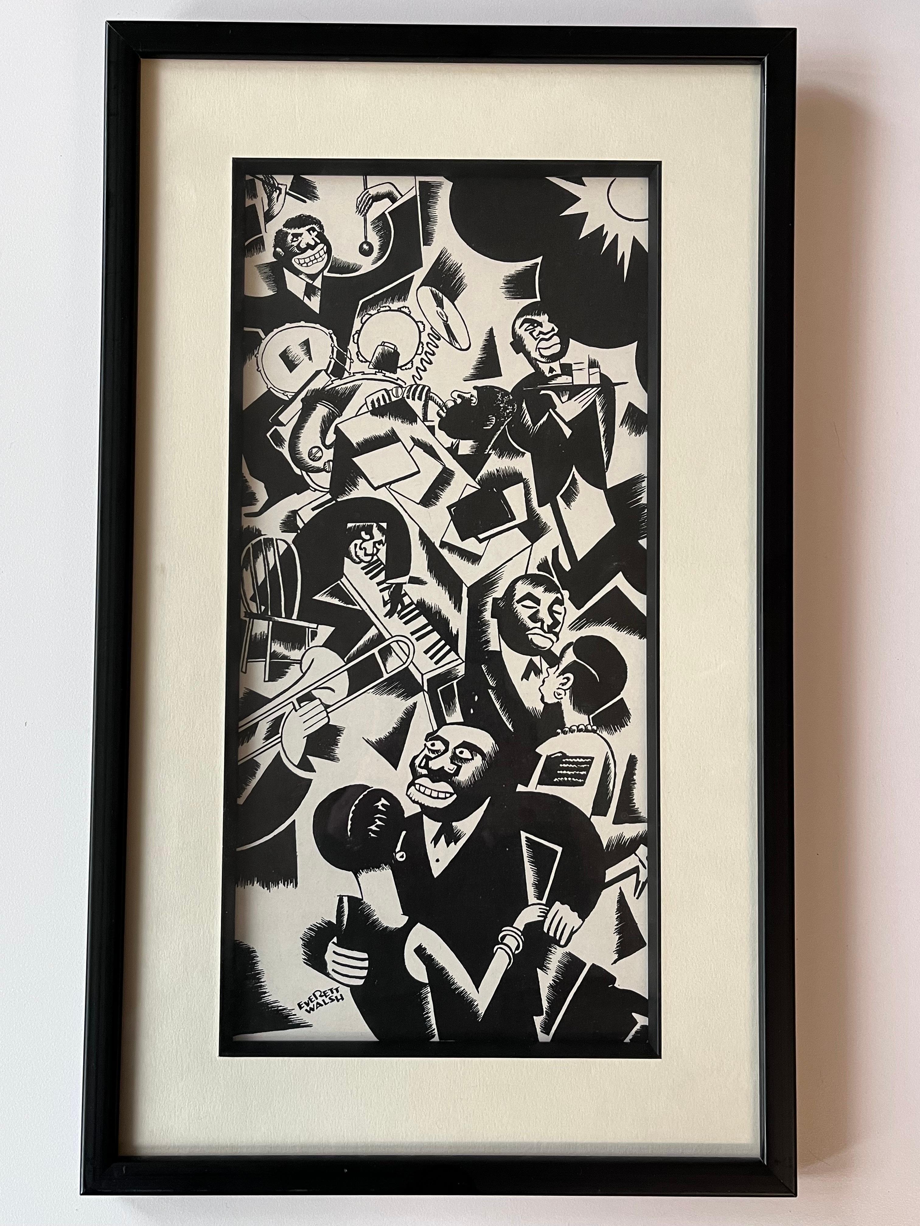 Rare estampe Art déco des années 1920 représentant un club de jazz afro-américain par Everett Walshe.  Composition exceptionnelle en noir et blanc

Cette rare et saisissante estampe Art Deco des années 1920 d'Everett Walshe capture l'énergie