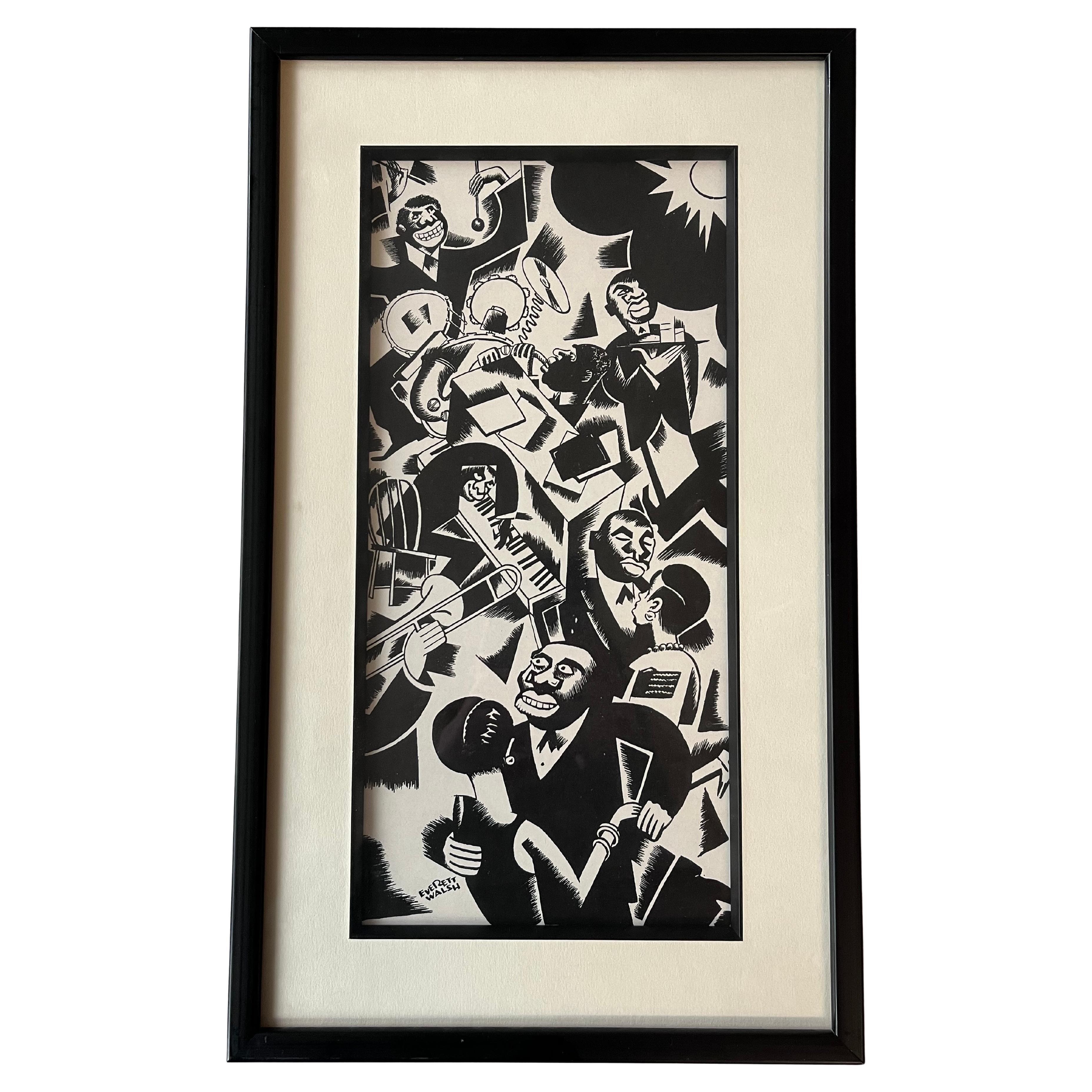 Rare 1920's Art Deco Print of African American Jazz Age Club by Everett Walsh