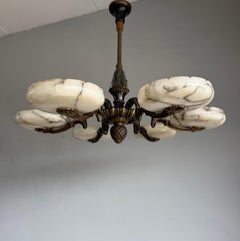 Rare 1920s Bronze Art Deco Chandelier with Six Large Alabaster Shades 9.3" Diam.