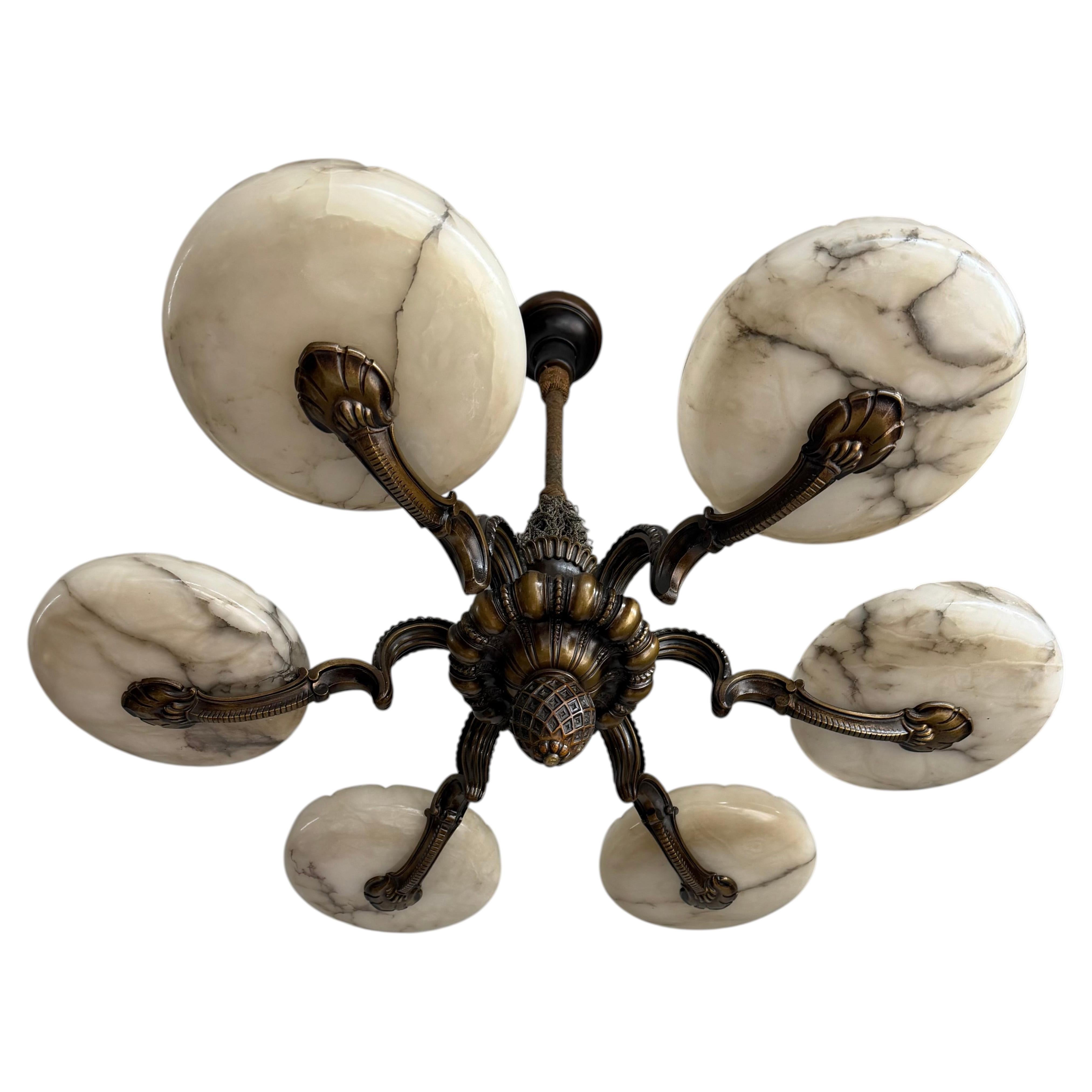 Rare 1920s Bronze Art Deco Chandelier with Six Large Alabaster Shades 9.3" Diam.