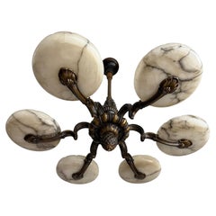 Rare 1920s Bronze Art Deco Chandelier with Six Large Alabaster Shades 9.3" Diam.