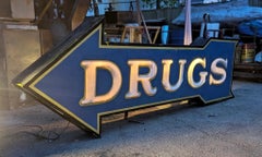 Rare 1920's can "Drugs" Sign /Arrow, LIGHT UP milk glass letters, double sided