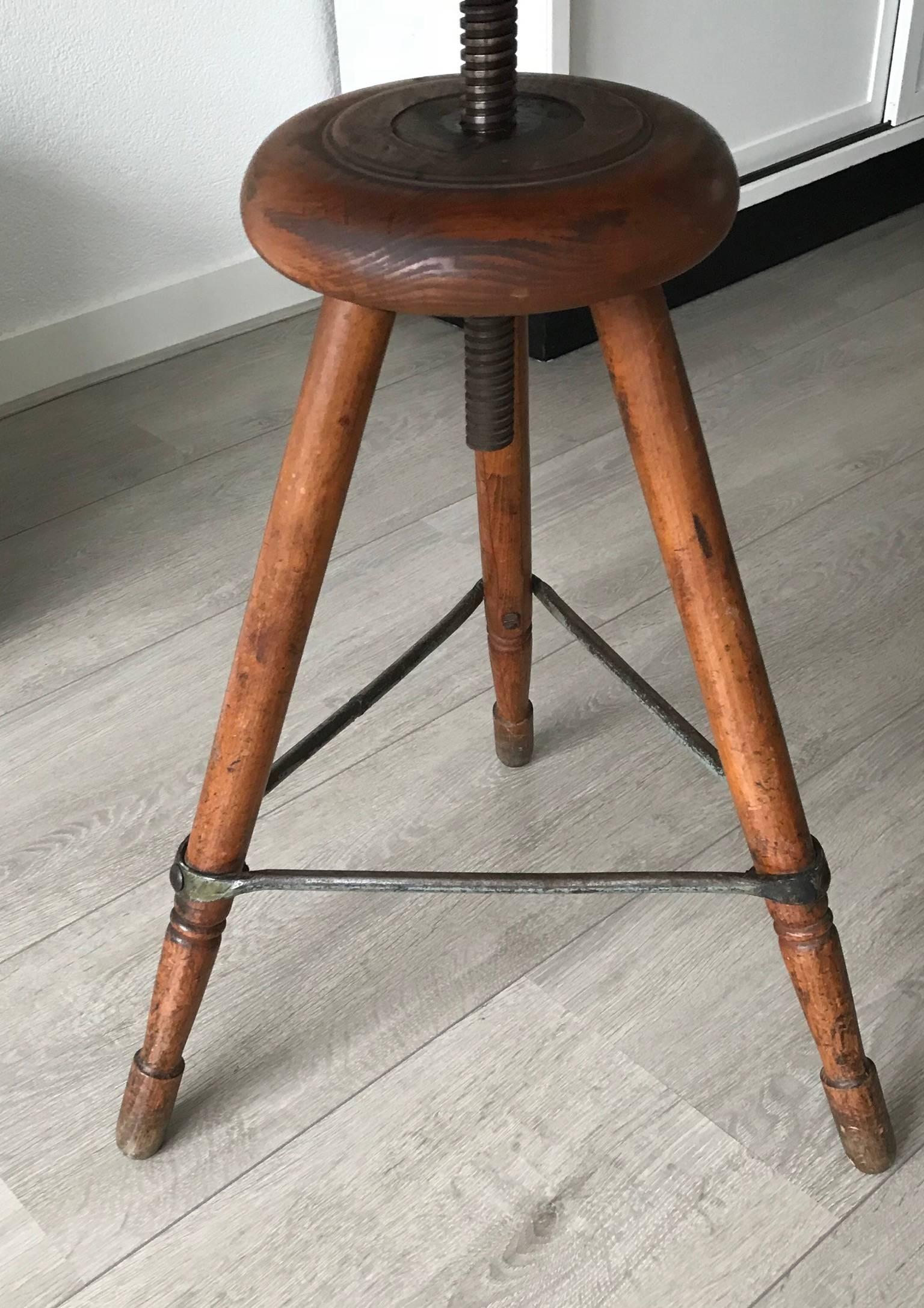 Rare Industrial Artist Studio Spindle Chair or Stool Adjustable in Height, 1920s 5