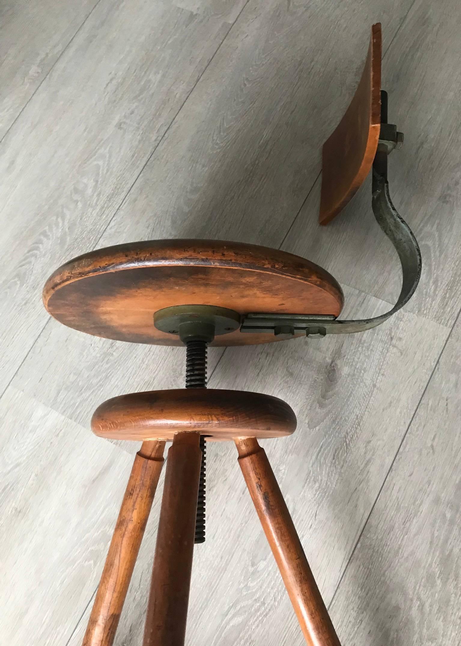Rare Industrial Artist Studio Spindle Chair or Stool Adjustable in Height, 1920s 8