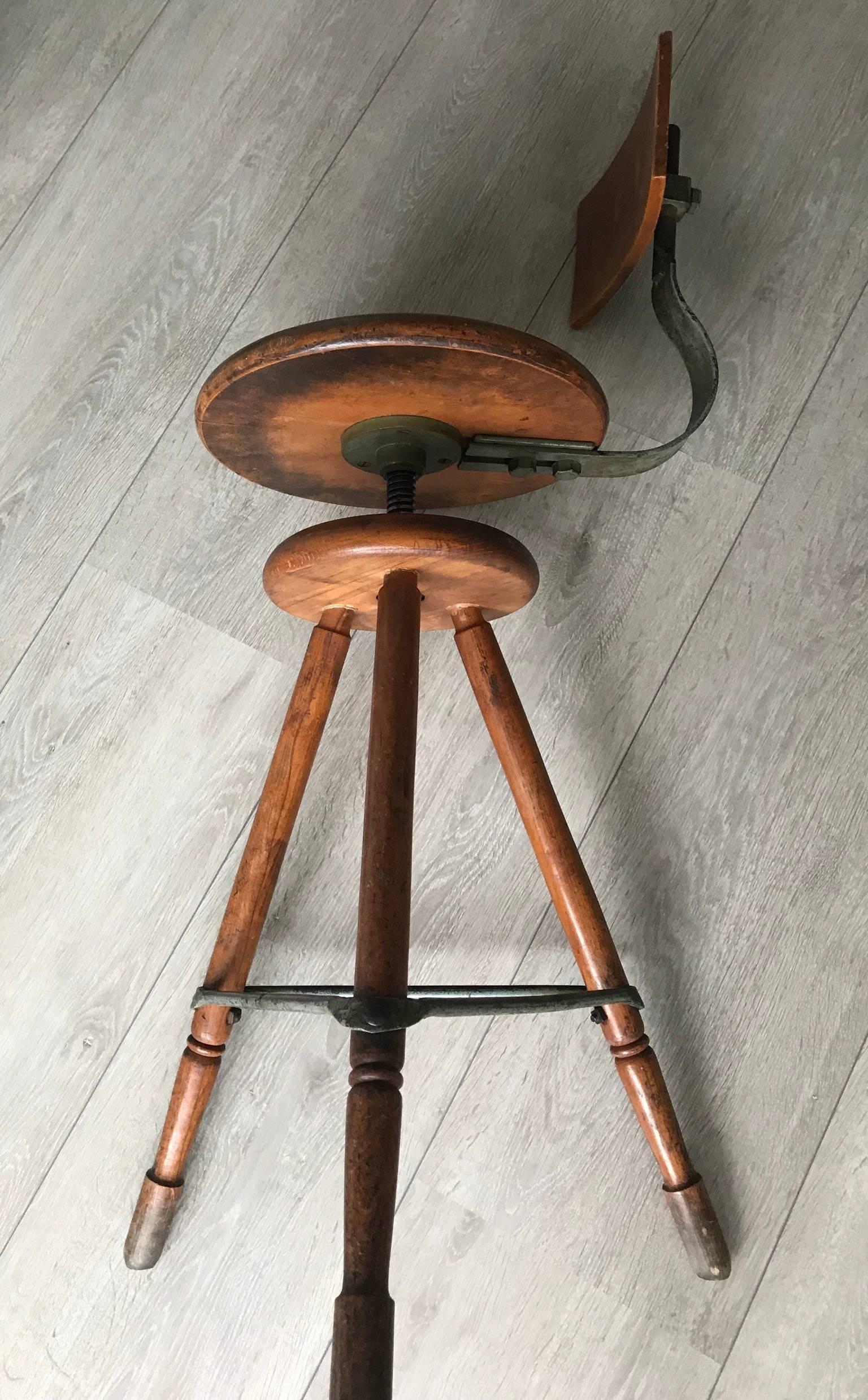 Rare Industrial Artist Studio Spindle Chair or Stool Adjustable in Height, 1920s 9