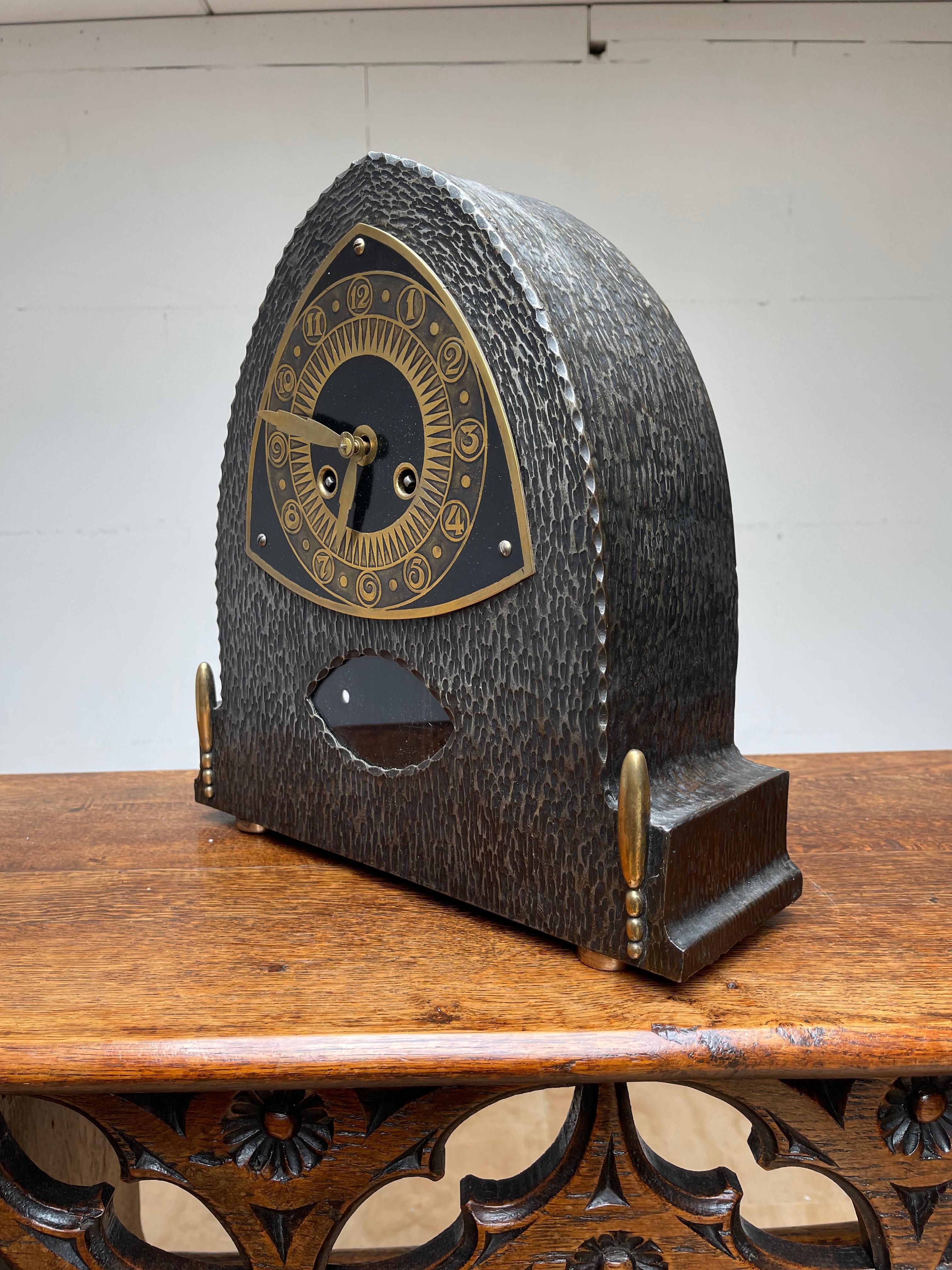 Beautiful and well working Arts & Crafts clock, stamped 'war materials'.

This German 'war time' (or interbellum) clock is another one of our recent unique finds. After WWI there was a shortage of all kinds of materials and people (including