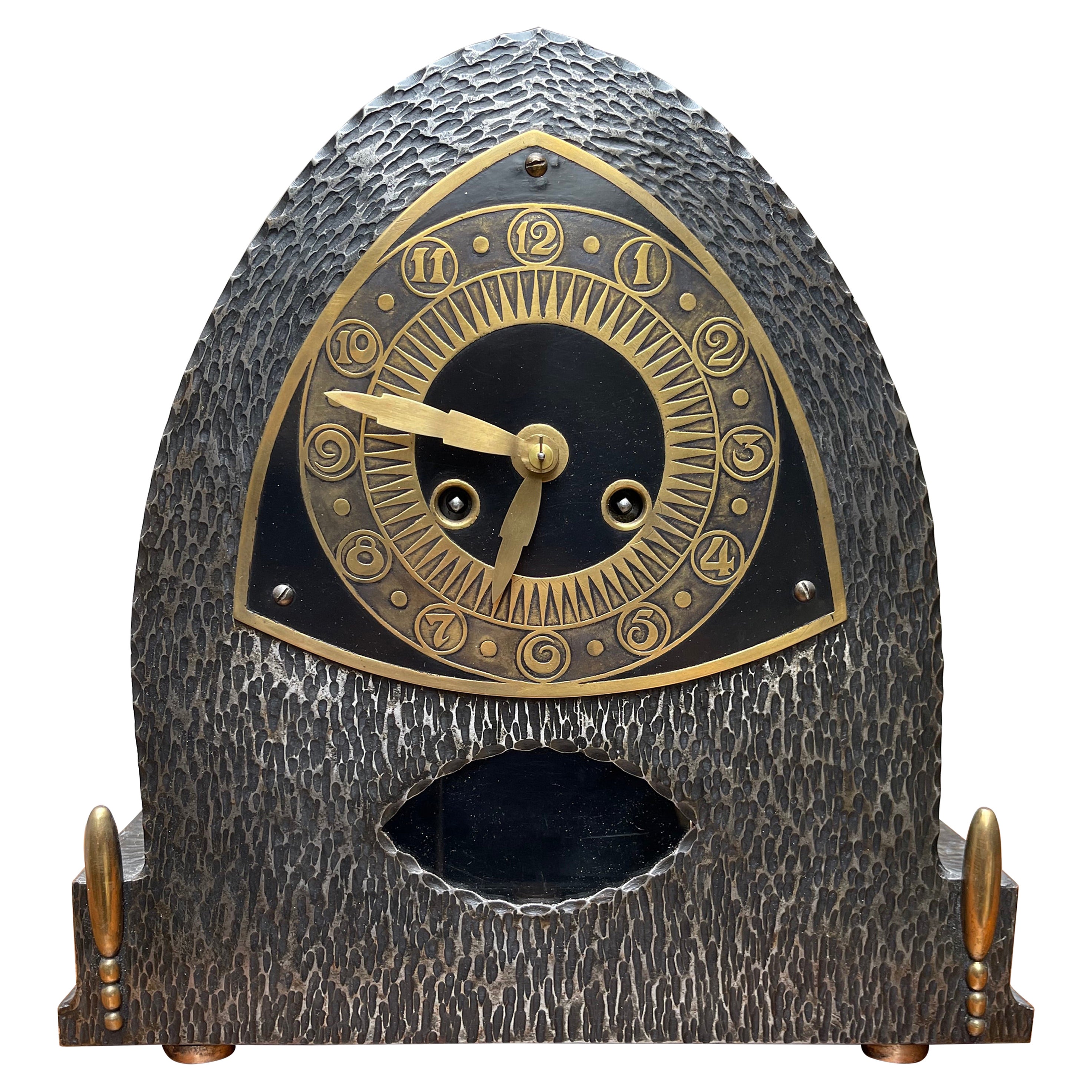 Rare 1920s Wrought Iron Table or Desk Clock, Stamped Kriegsmaterial on the Back