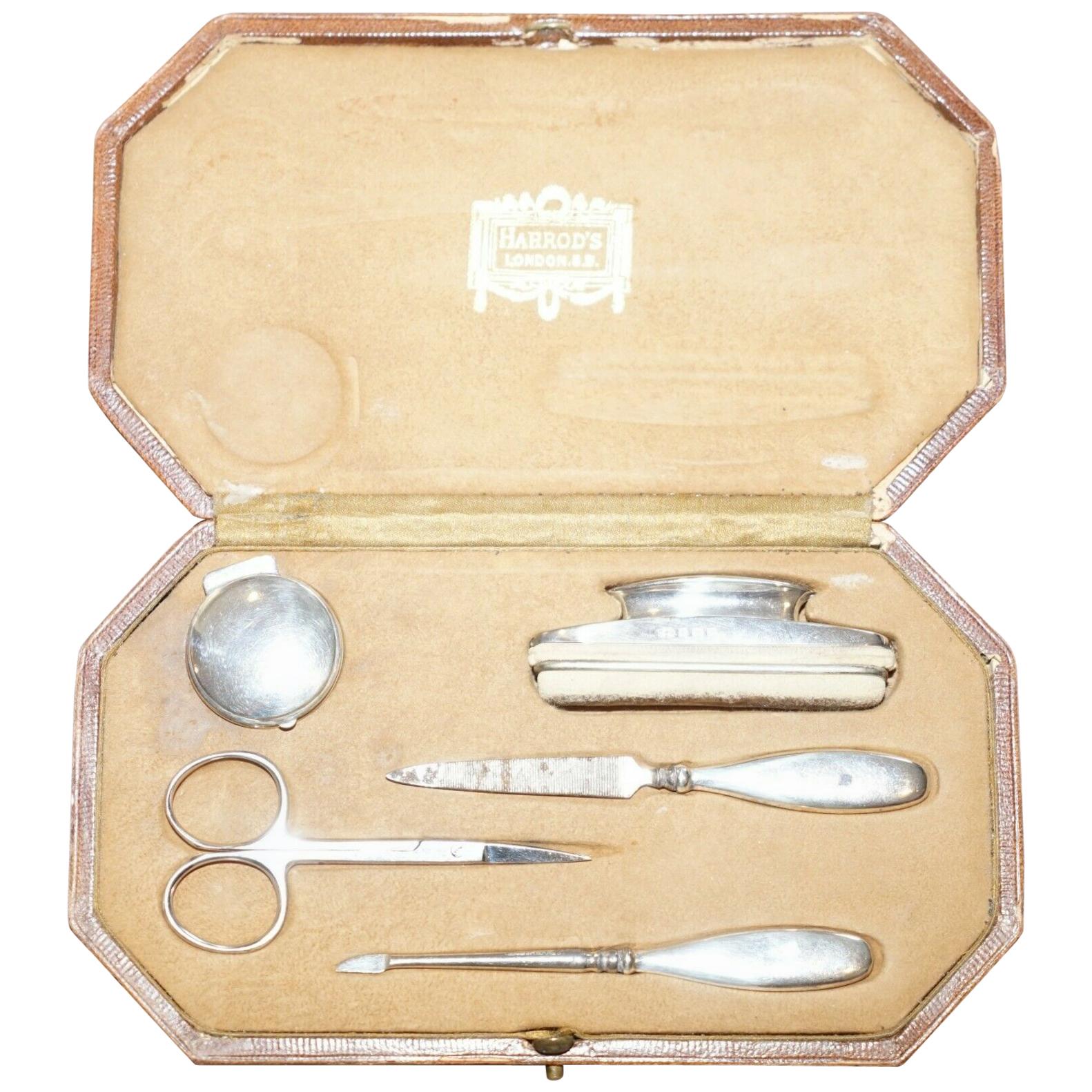 Rare 1923 Harrods London Sterling Silver Vanity Manicure Nail Kit Set Suite
