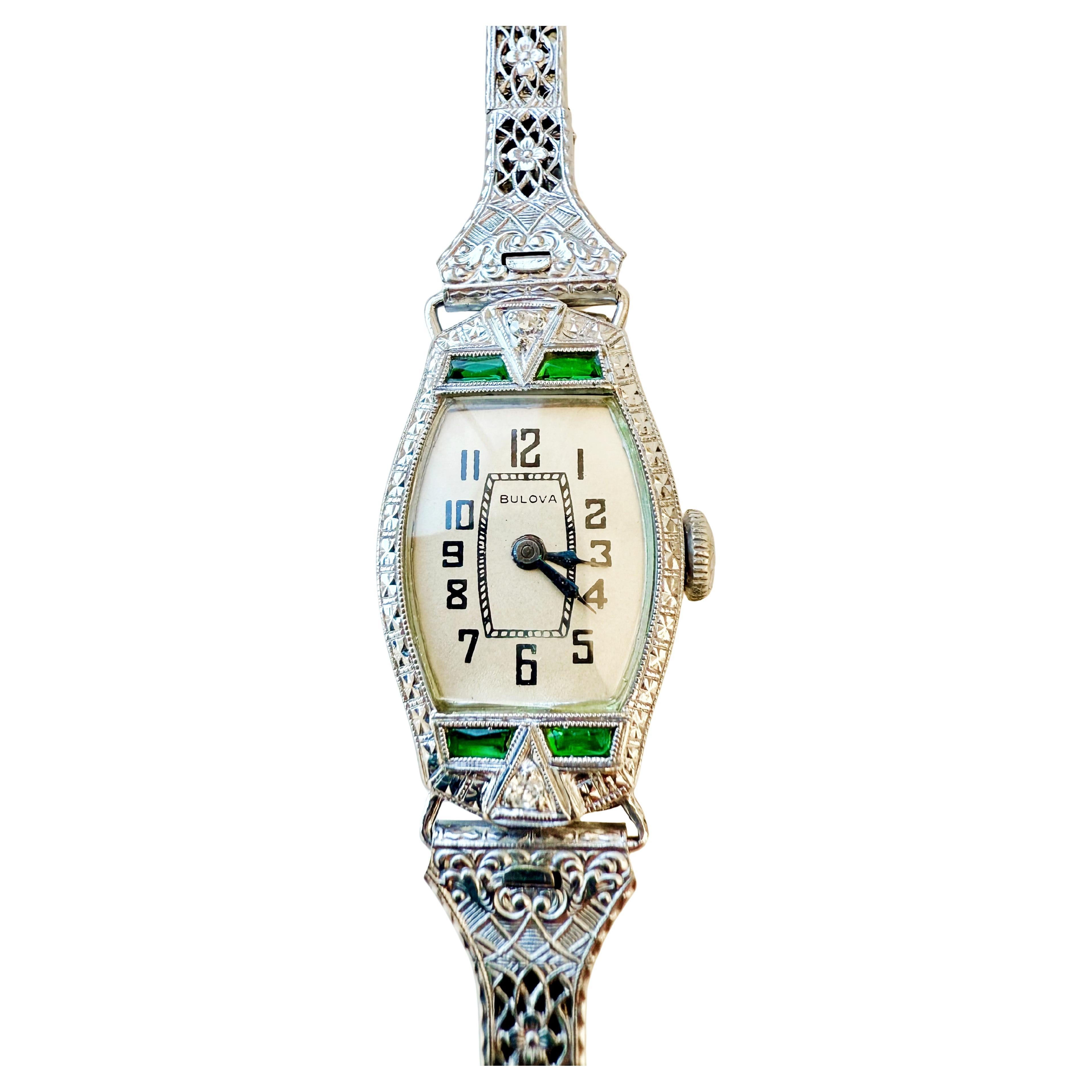 Rare 1928 Bulova 14K White Gold Art Deco Bracelet Watch, Diamonds 
Emeralds