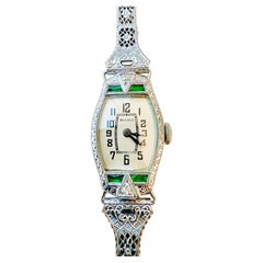 Rare 1928 Bulova 14K White Gold Art Deco Bracelet Watch, Diamonds & Emeralds