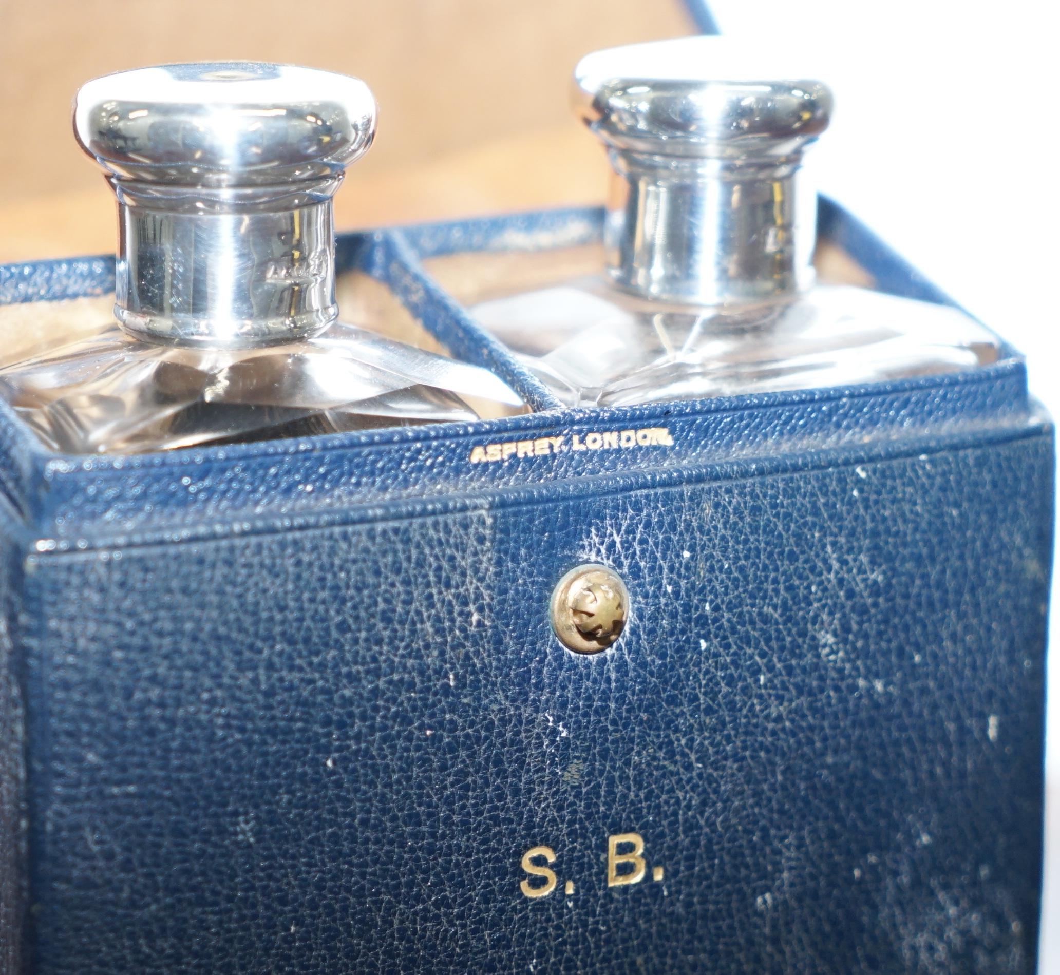 George IV Rare 1929 Asprey London Sterling Silver Cologne Bottles in Leather Travel Case