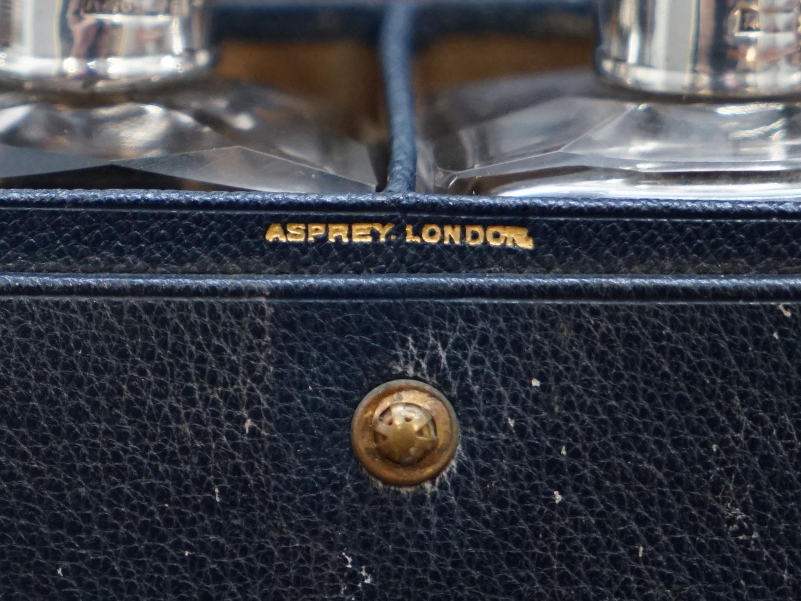 English Rare 1929 Asprey London Sterling Silver Cologne Bottles in Leather Travel Case