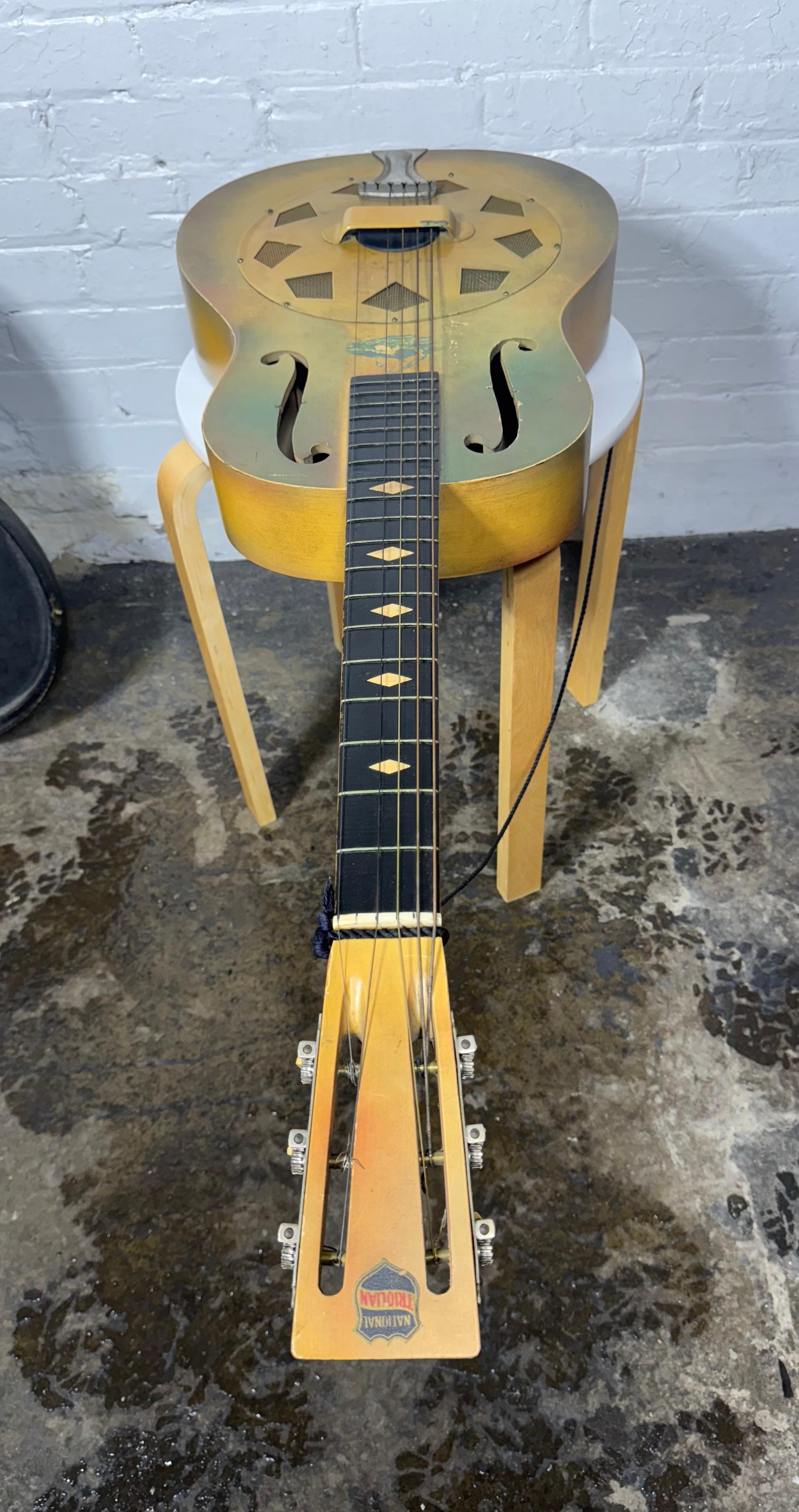 Early 20th Century Rare 1929 NATIONAL TRIOLIAN (wood body) Acoustic Resonator Guitar (HULA SCENE) For Sale