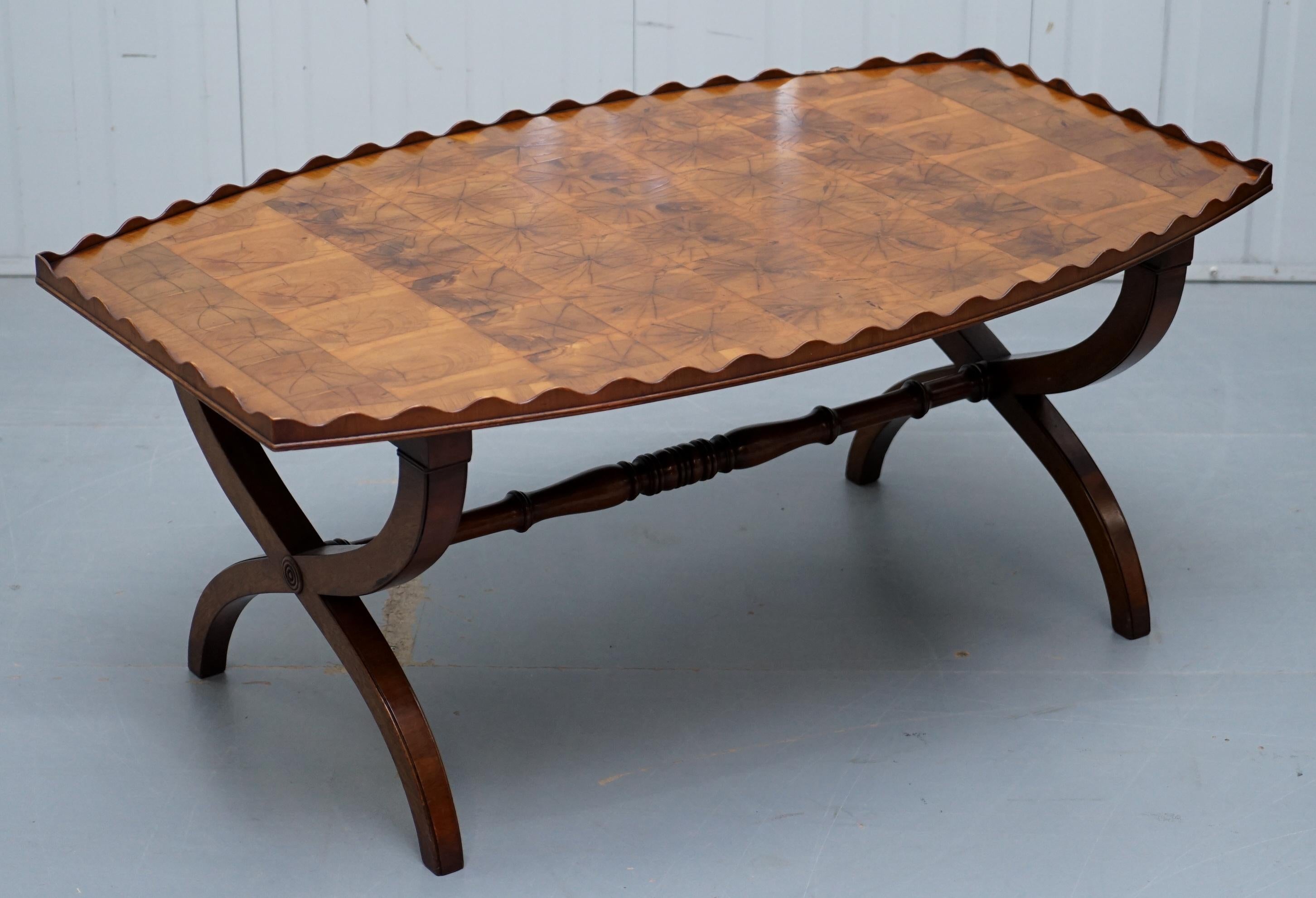 We are delighted to offer for sale this very rare oyster veneered cross band coffee silver tea table

A very ornate piece, the detail is mind-blowing, oyster veneer is some of the rarest around, it is a tour de force of craftsmanship to get it
