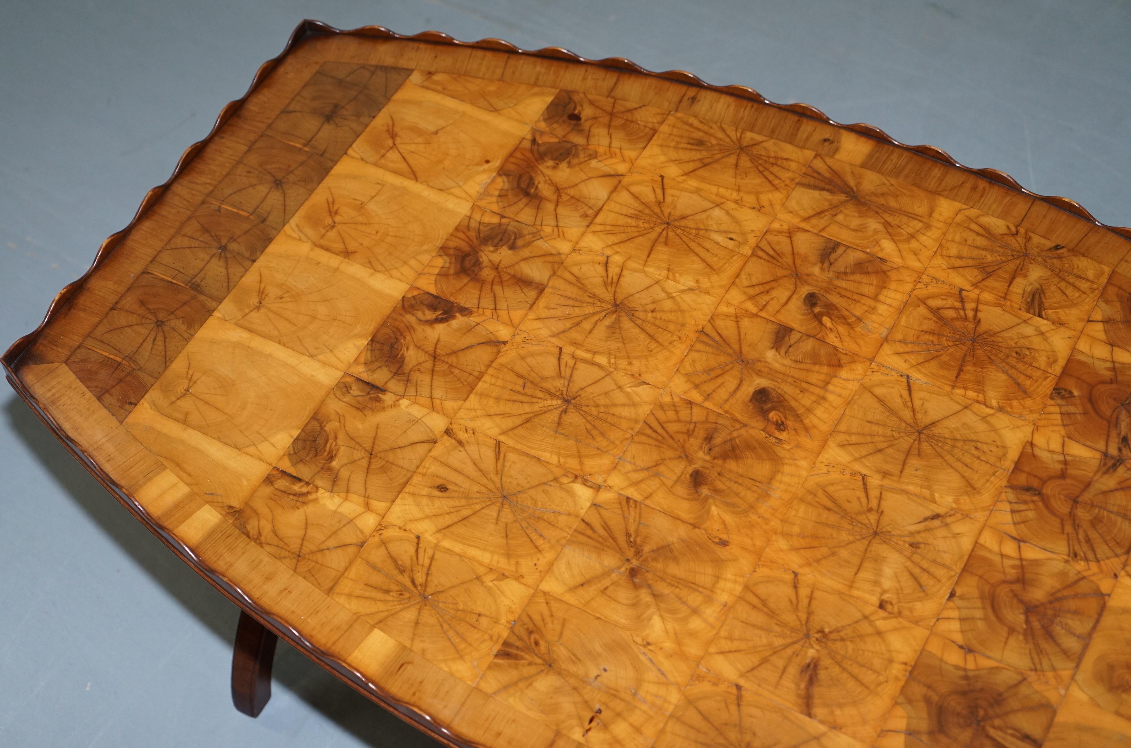 Art Deco Rare 1930 Oyster Veneered Cross Band Coffee Table Scalloped Edge Walnut Mahogany