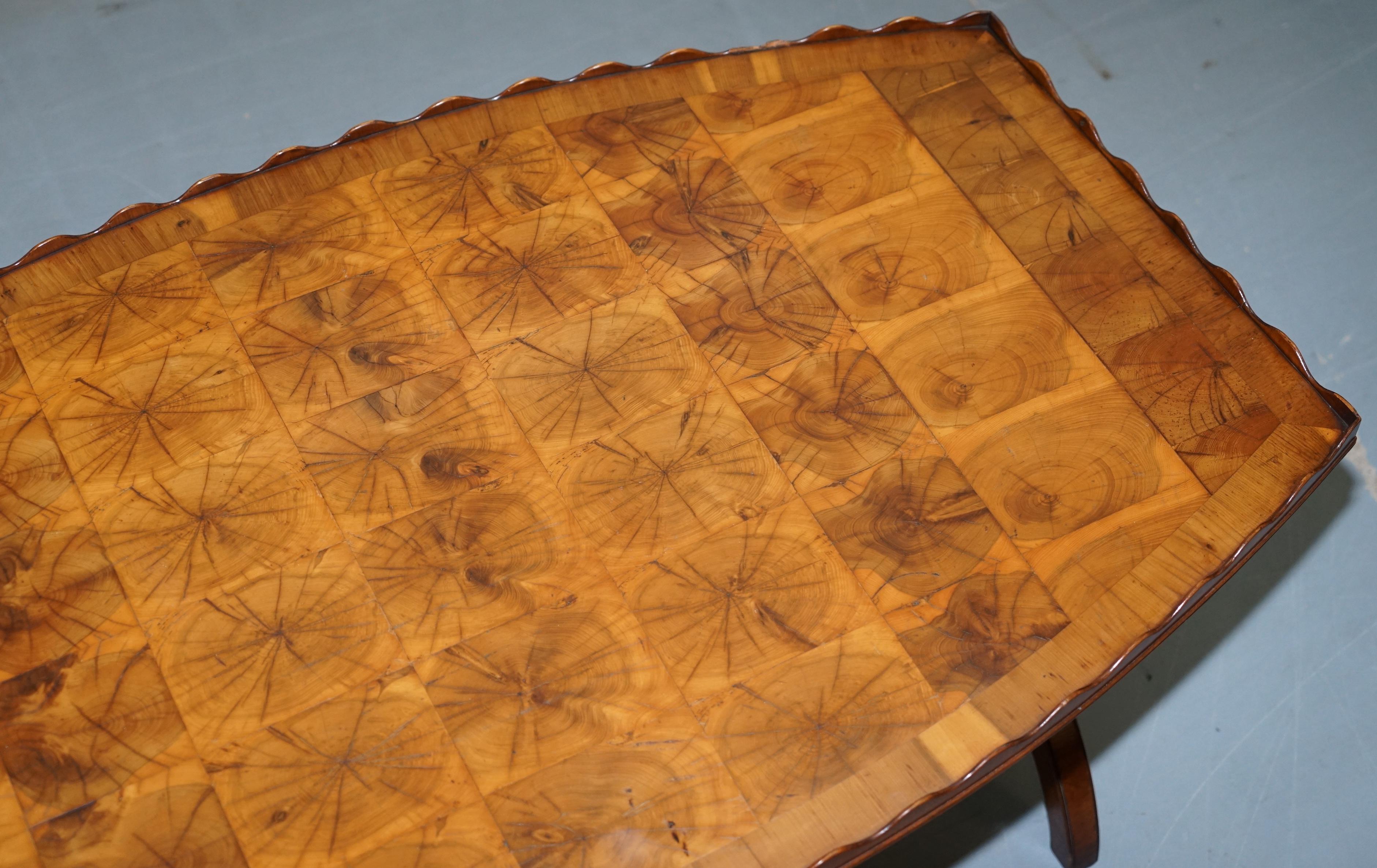 English Rare 1930 Oyster Veneered Cross Band Coffee Table Scalloped Edge Walnut Mahogany