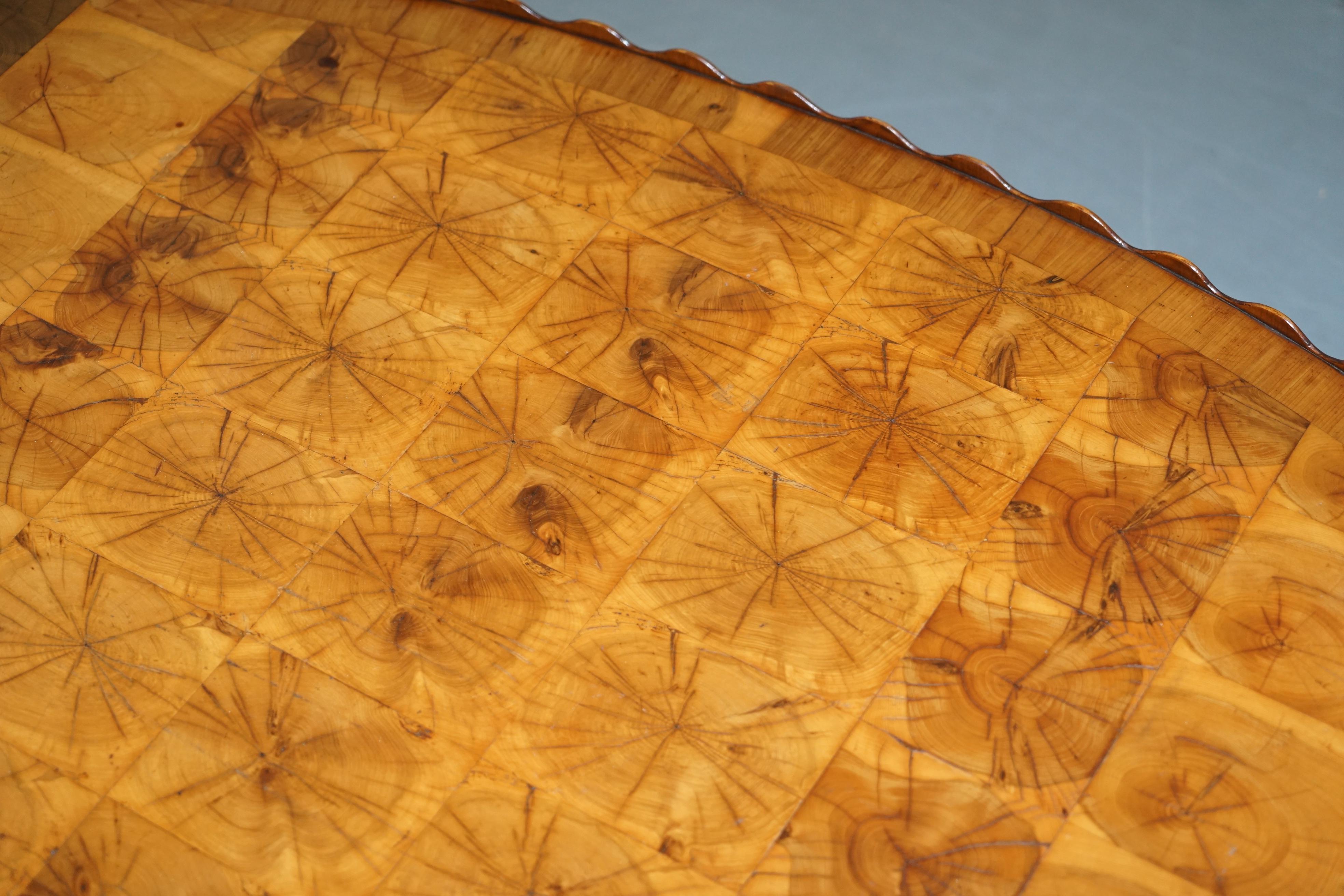 Hand-Carved Rare 1930 Oyster Veneered Cross Band Coffee Table Scalloped Edge Walnut Mahogany