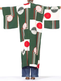 1930S Green & Red Rare Hand Painted Japanese Silk  Kimono