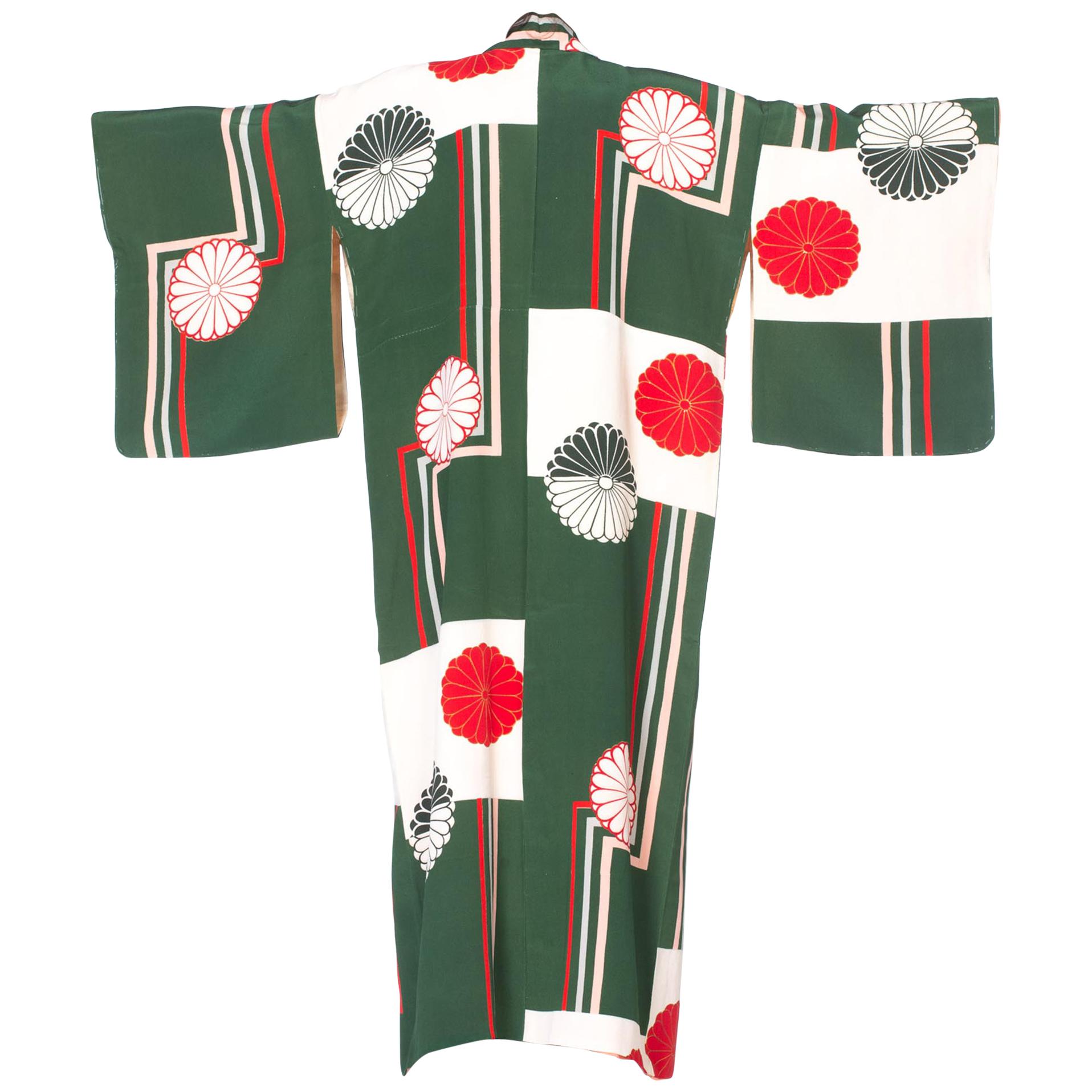 1930S Green 
Red Rare Hand Painted Japanese Silk  Kimono