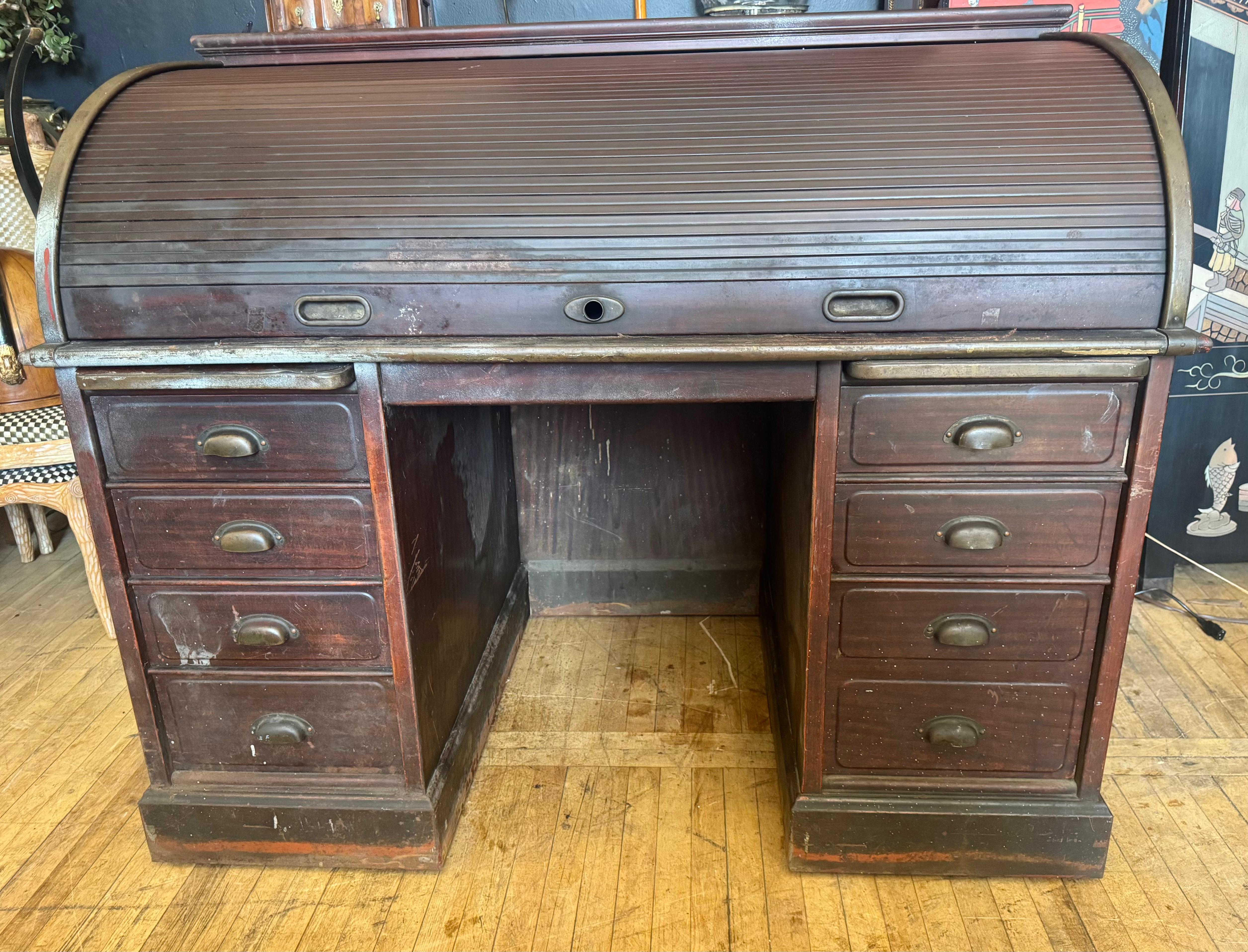 Rare 1930s Antique Industrial Steel & Brass Roll Top Desk by the Art Metal Co. For Sale 9