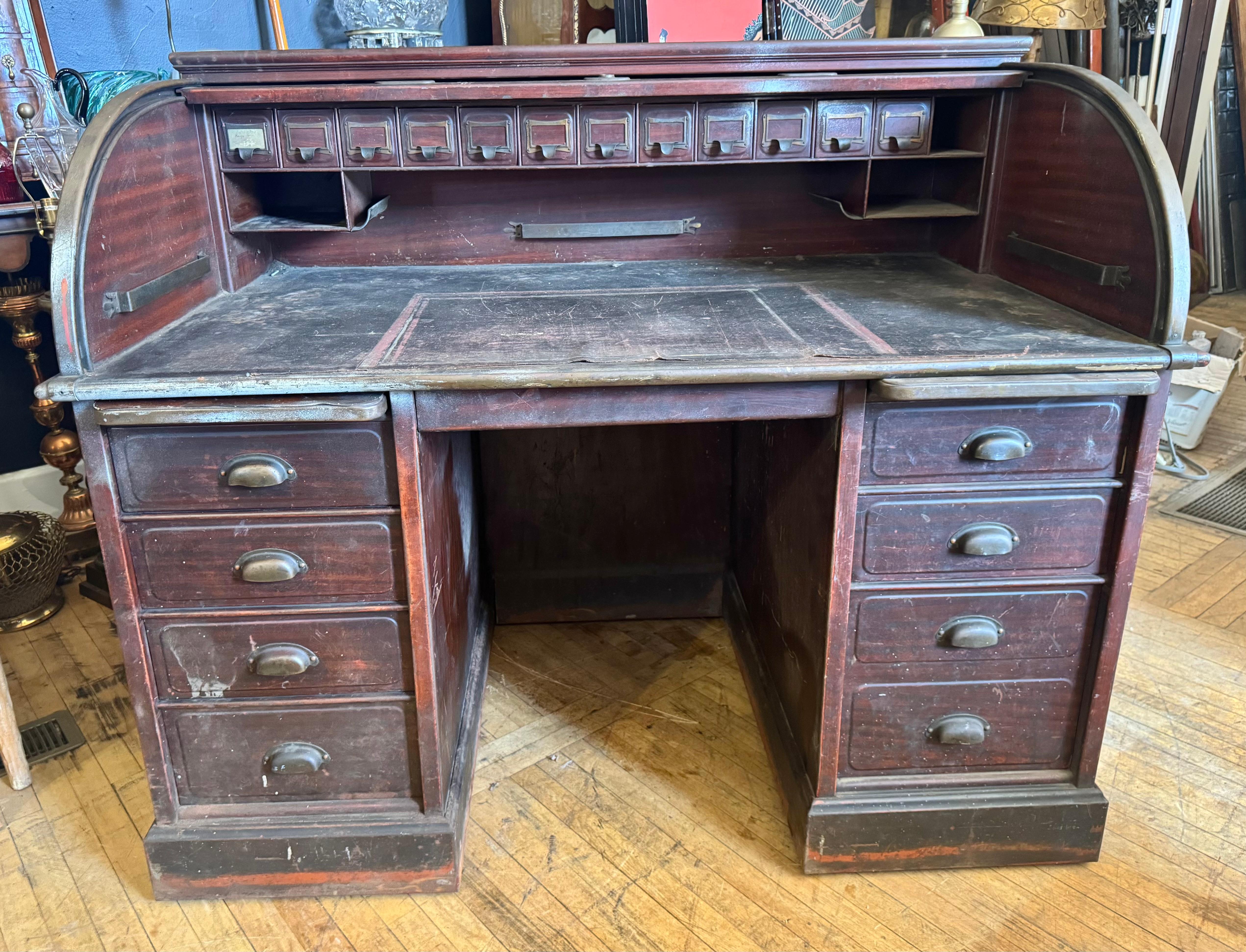 American Rare 1930s Antique Industrial Steel & Brass Roll Top Desk by the Art Metal Co. For Sale
