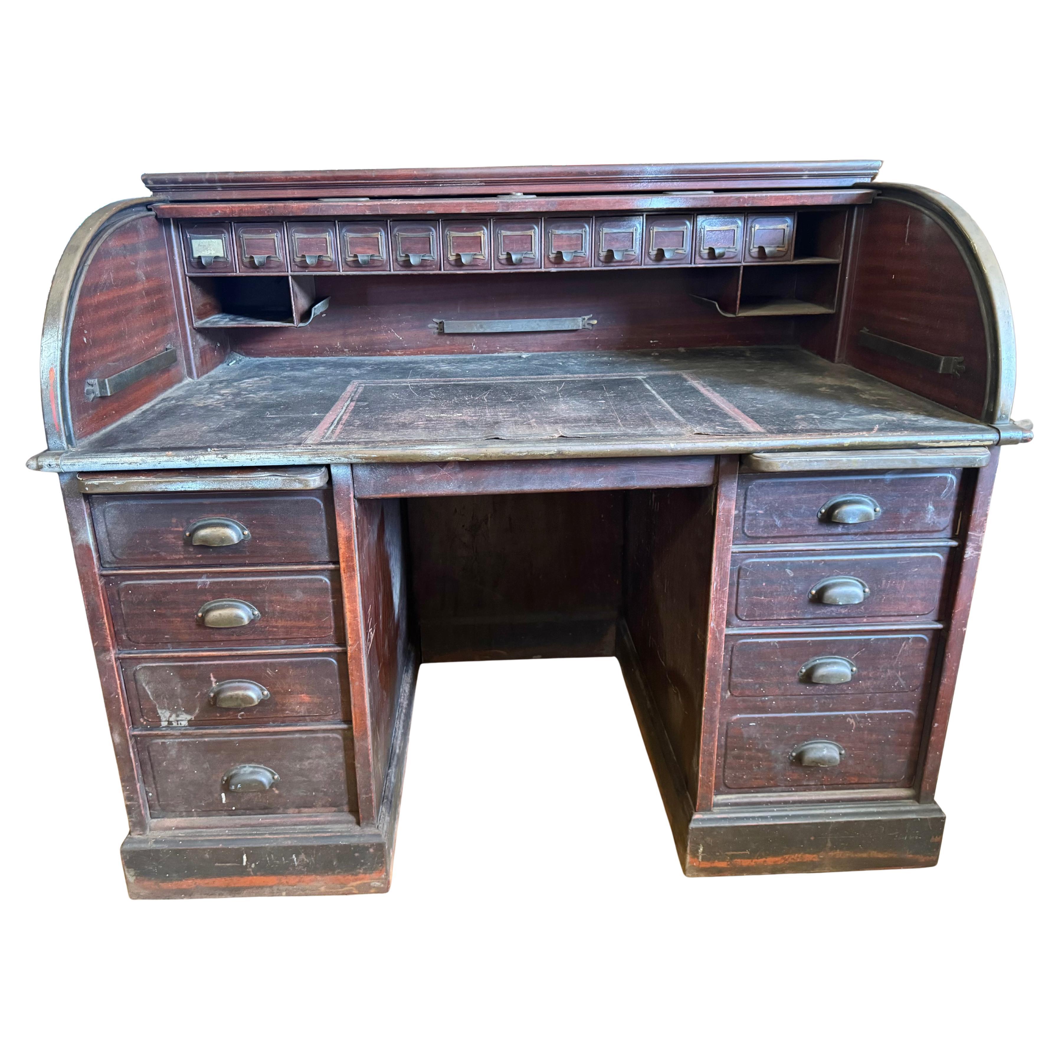 Rare 1930s Antique Industrial Steel & Brass Roll Top Desk by the Art Metal Co.