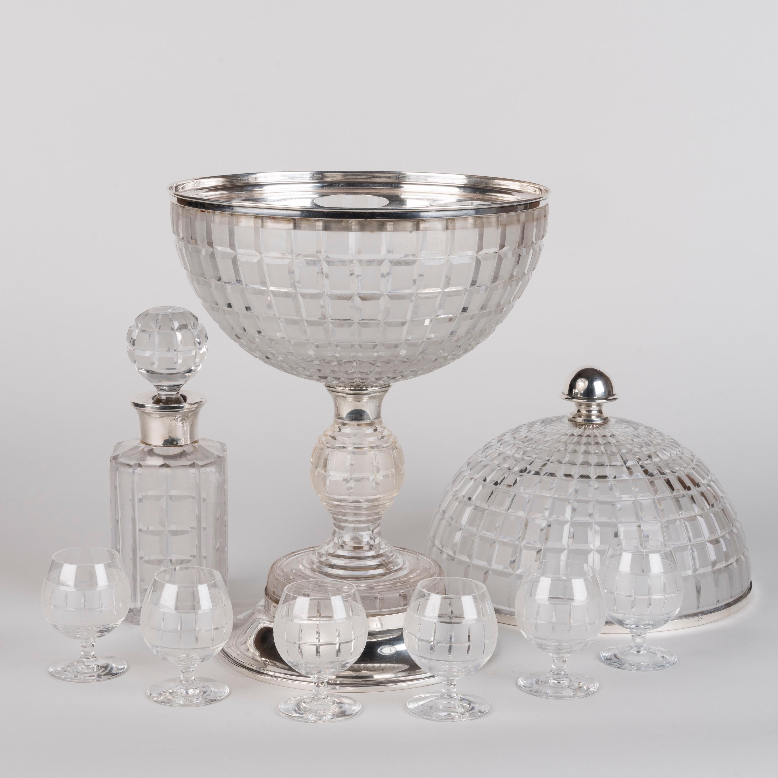 European Rare 1930s Art Deco Crystal and Solid Silver Globe Drinks Set For Sale