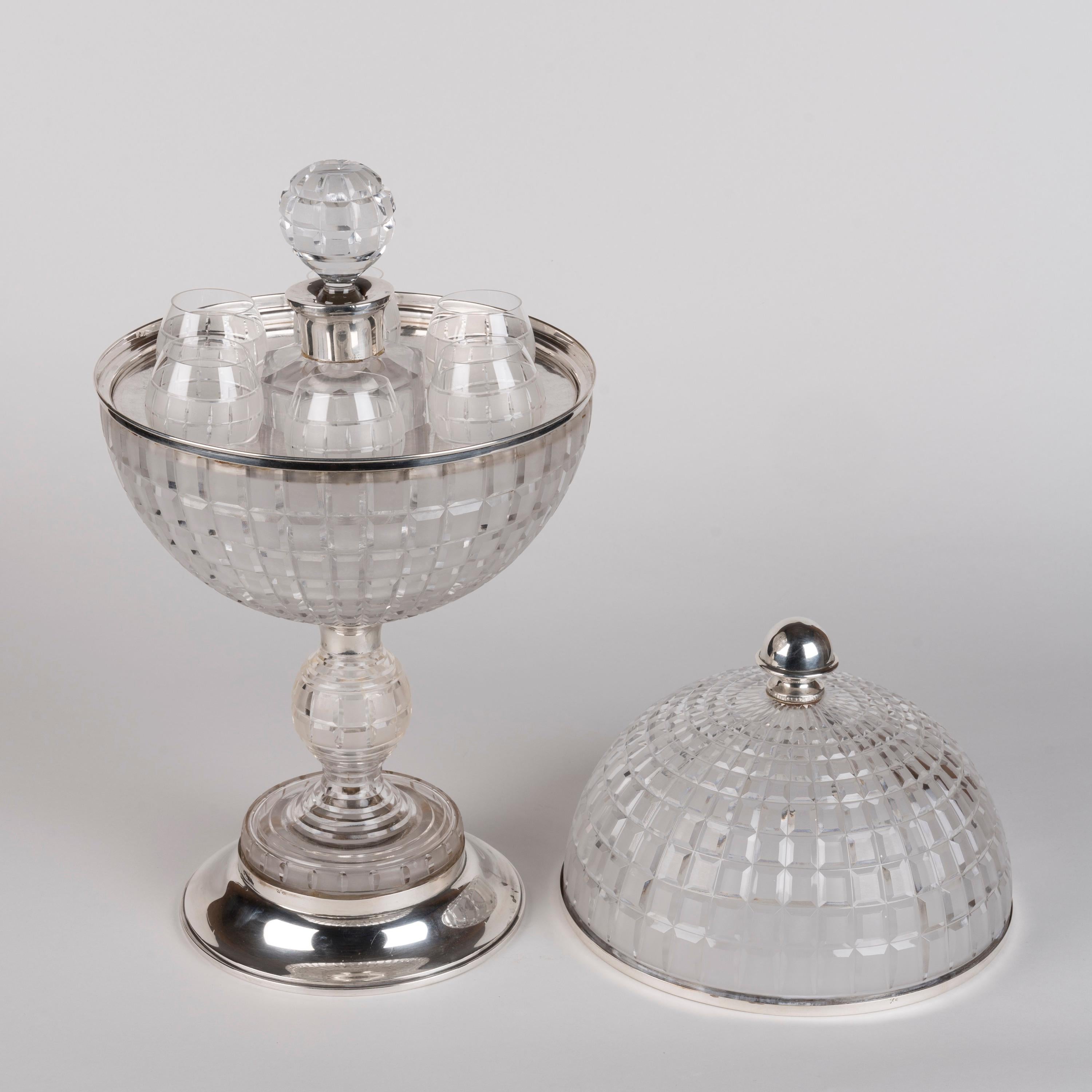 Rare 1930s Art Deco Crystal and Solid Silver Globe Drinks Set In Good Condition For Sale In London, GB