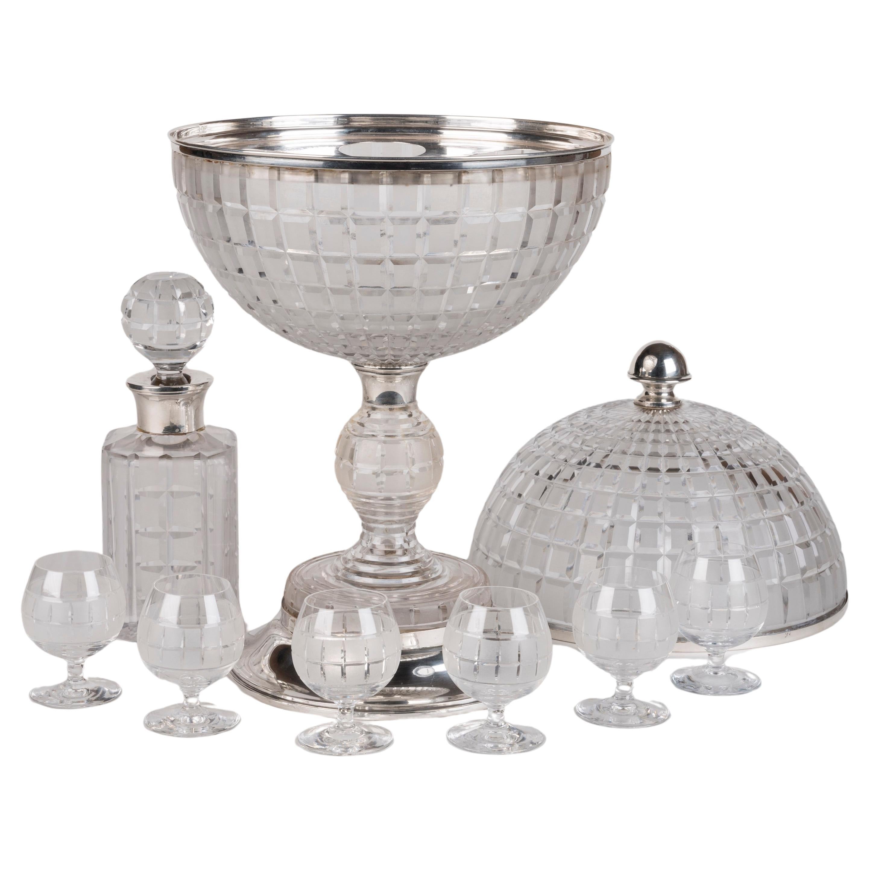 Rare 1930s Art Deco Crystal and Solid Silver Globe Drinks Set For Sale