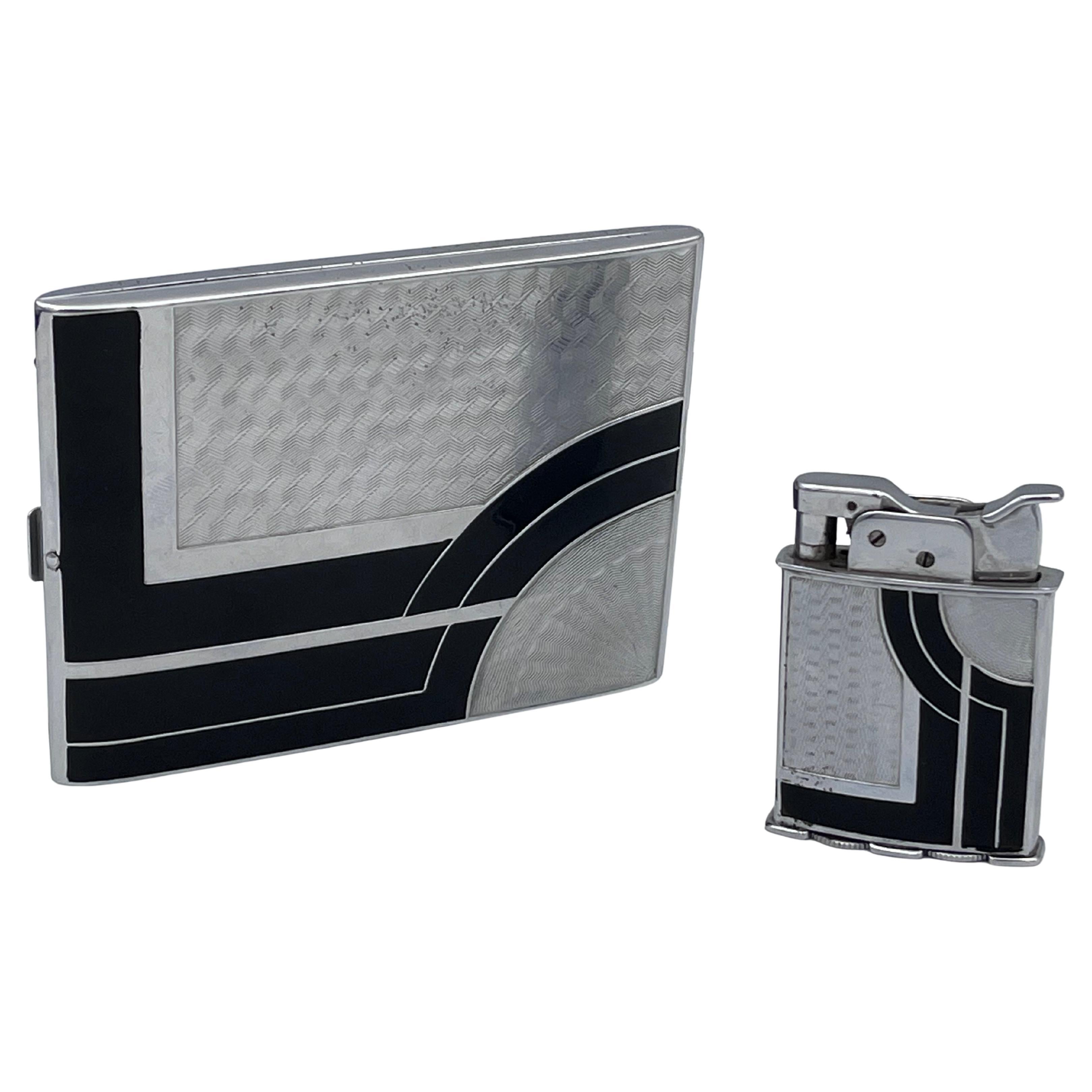 Raro portasigarette Art Deco Evans cromato e smaltato degli anni '30 e set di legacci abbinato