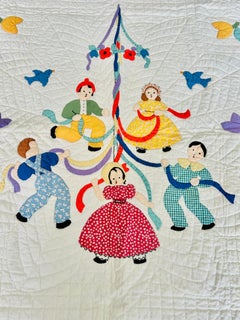 Rare 1930s Child's Folk Art Crib Quilt with Exquisite Hand Quilting