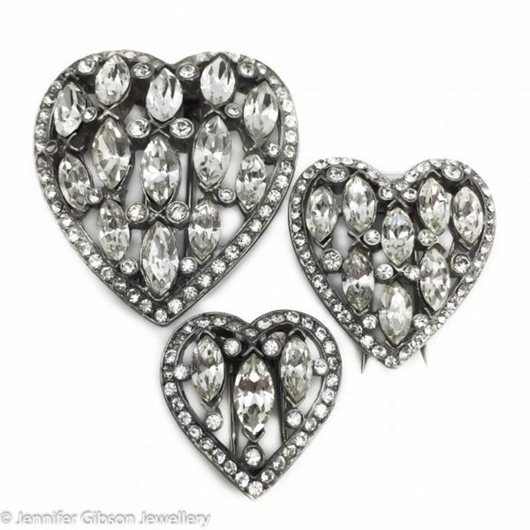Rare 1930’s ‘eisenberg’ Crystal Heart Pin Trio In Good Condition In Wilmslow, GB