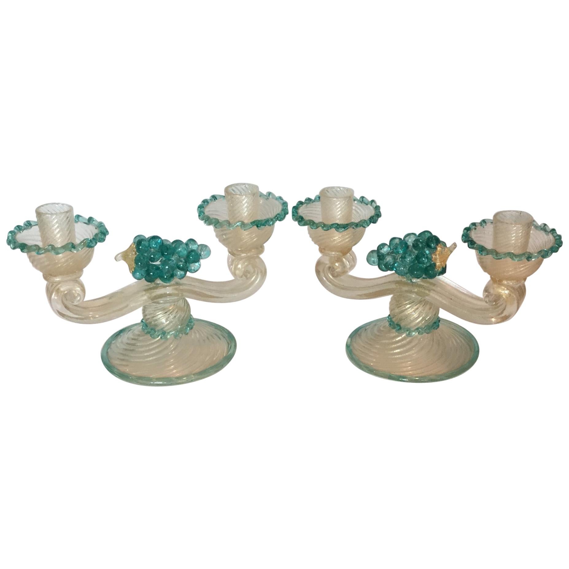 Rare 1930s Ercole Barovier for Barovier and Toso Pair of Candlesticks For Sale
