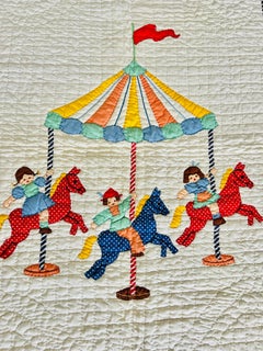 Rare 1930s Folk Art Merry-Go-Round Crib Quilt intricately Hand Quilted