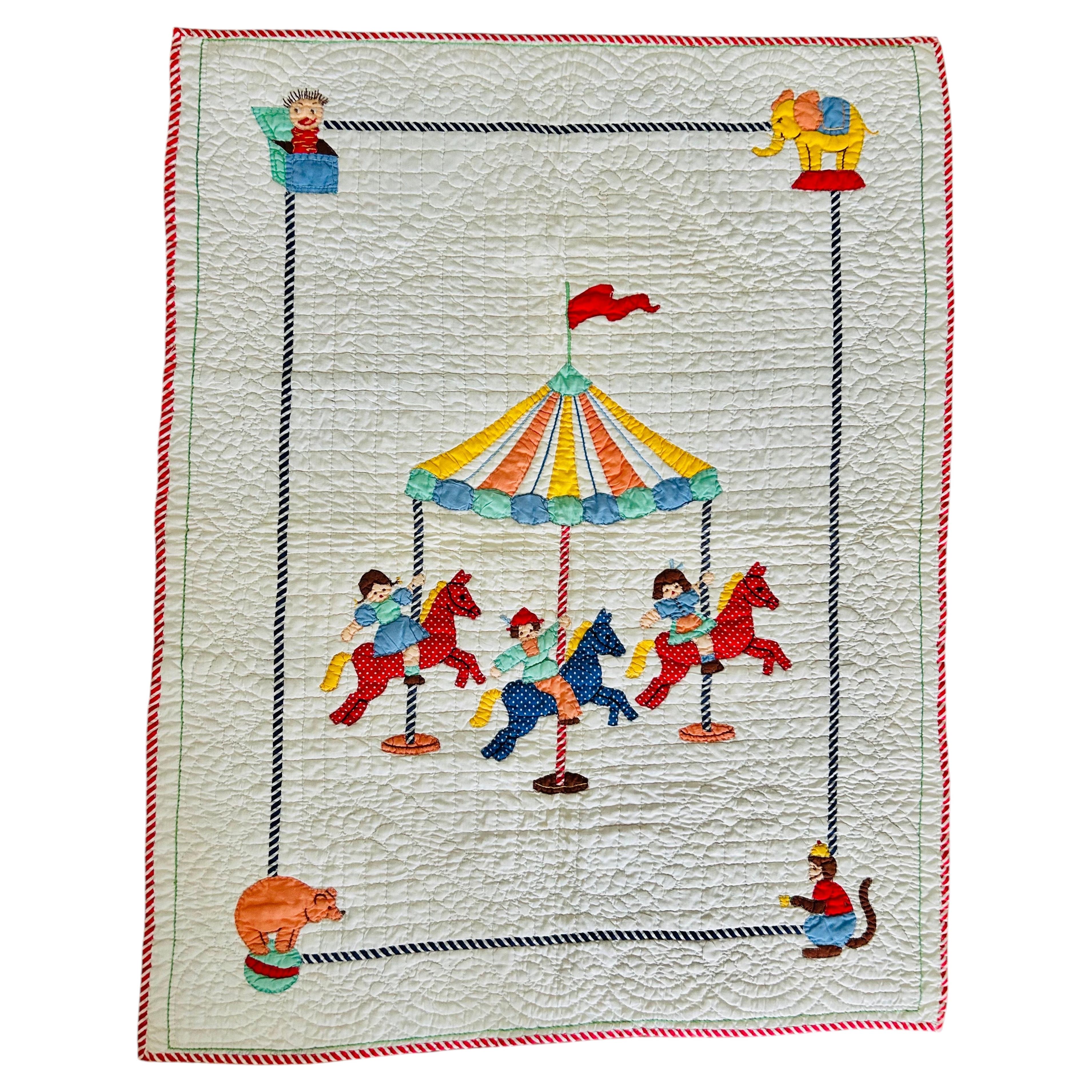 Rare 1930s Folk Art Merry-Go-Round Crib Quilt intricately Hand Quilted For Sale