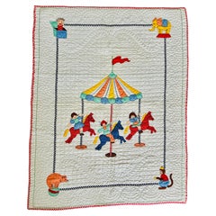 Rare 1930s Folk Art Merry-Go-Round Crib Quilt intricately Hand Quilted