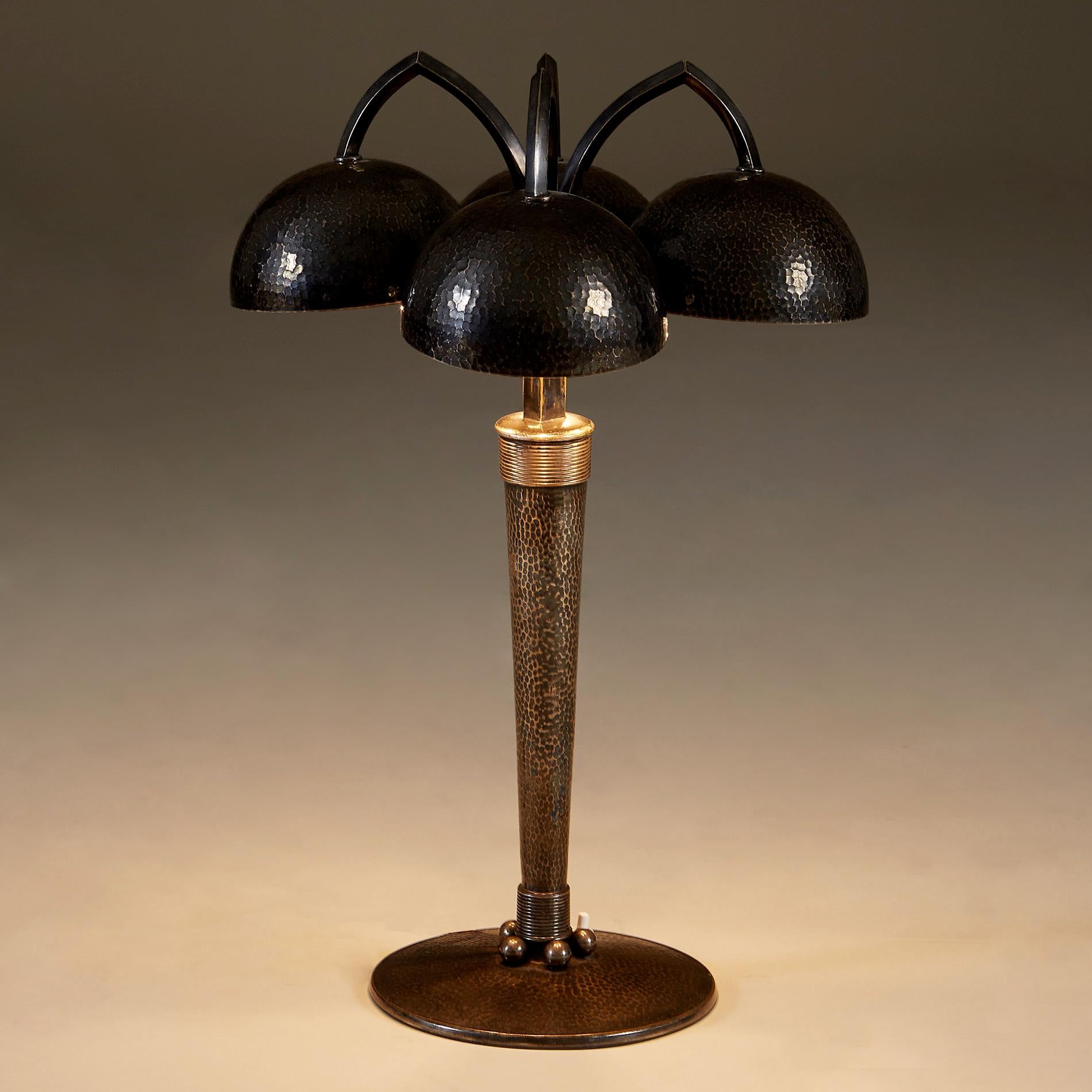 Rare 1930s Hammered Metal Table Lamp by Andre Arbus and Raymond Subes, signed For Sale 2